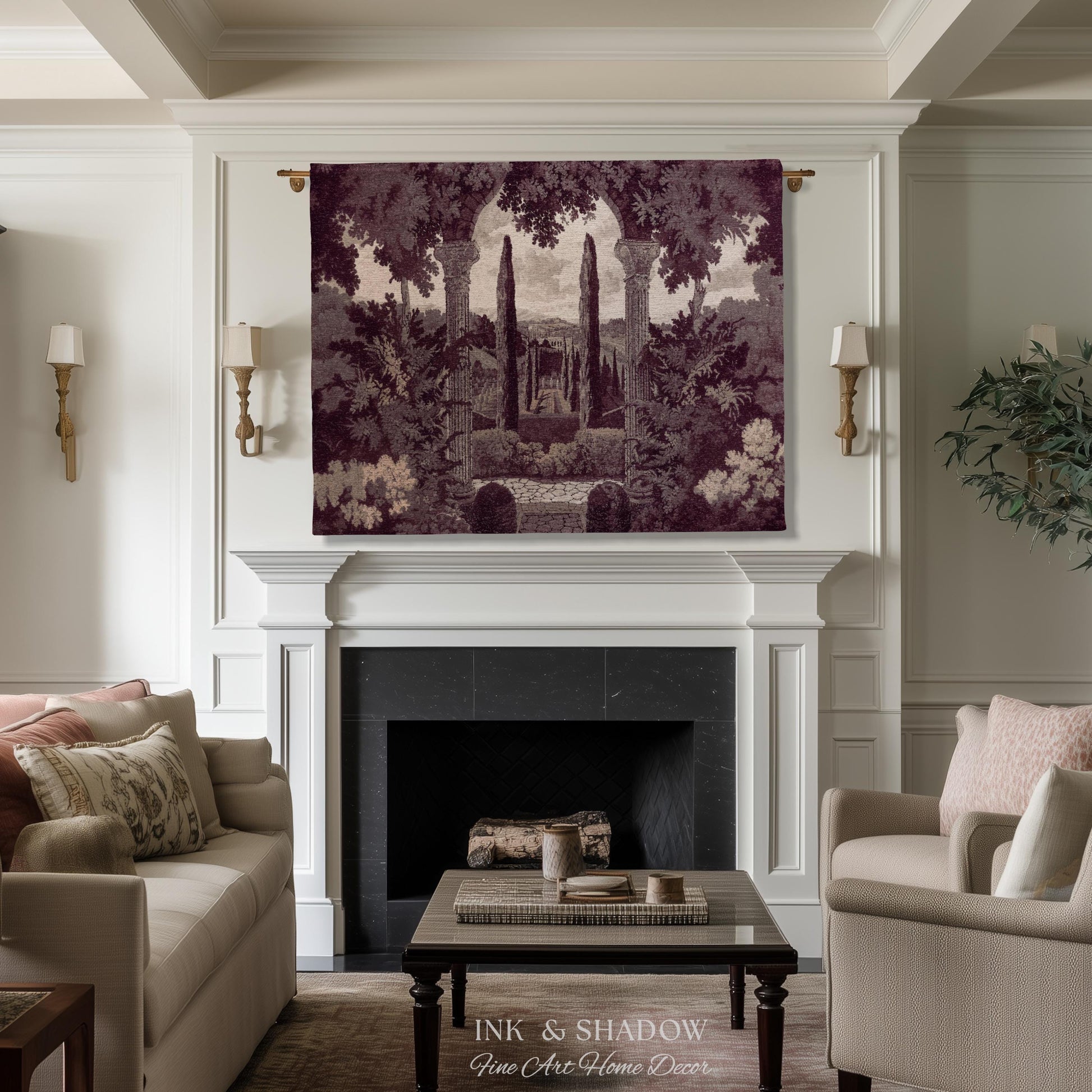 Cypress Garden Terrace Tapestry Wall Hanging | Woven Jacquard Neoclassical Italian Scenery Botanical European Estate Landscape Verdure Art