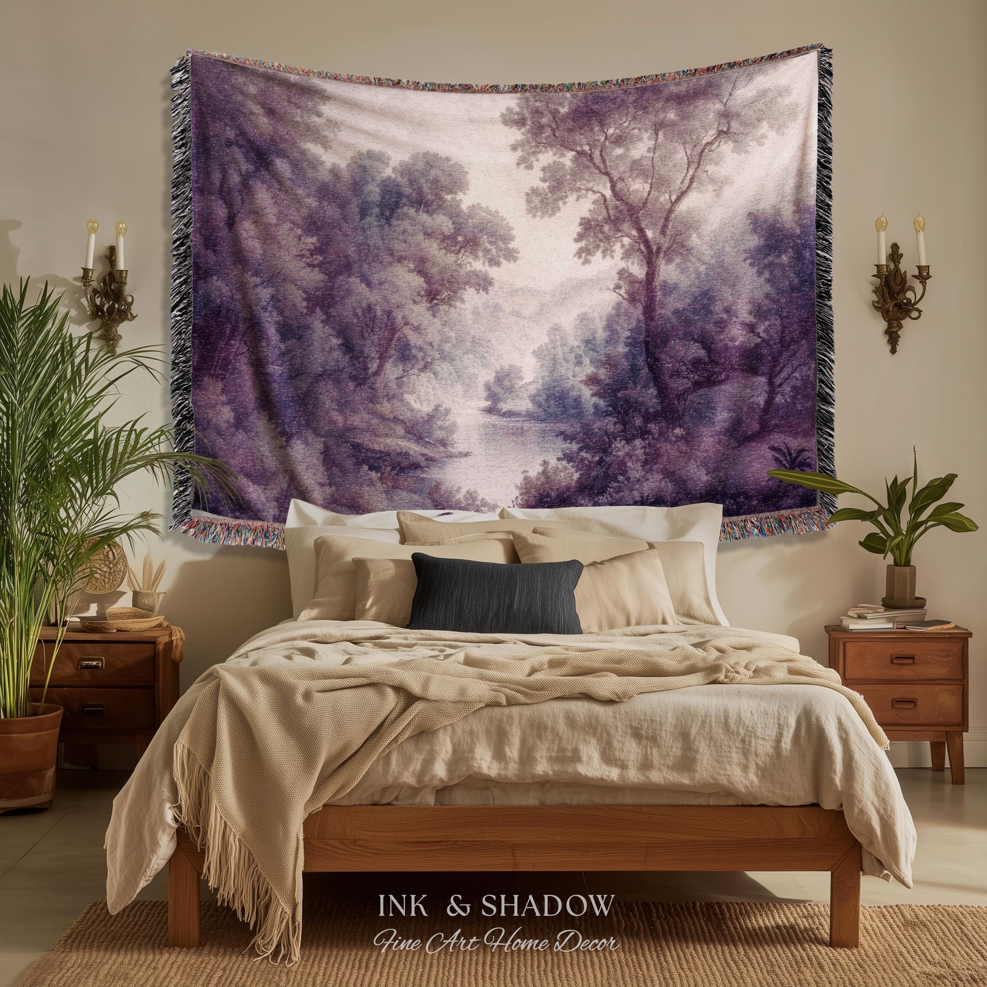 Purple Pastoral Landscape Woven Wall Tapestry | 19th Century Atmospheric Scene Timeless Romantic Classic Countryside Elegant Forest Blanket