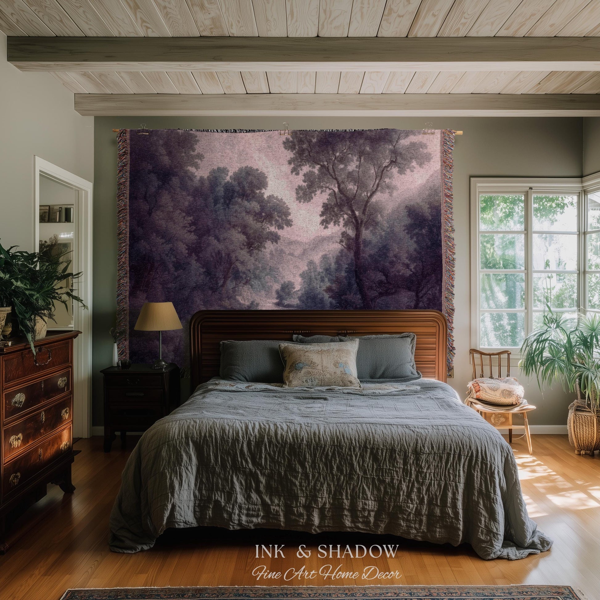 Purple Pastoral Landscape Woven Wall Tapestry | 19th Century Atmospheric Scene Timeless Romantic Classic Countryside Elegant Forest Blanket