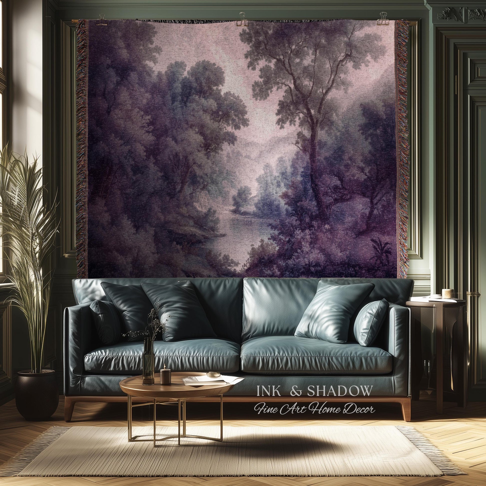 Purple Pastoral Landscape Woven Wall Tapestry | 19th Century Atmospheric Scene Timeless Romantic Classic Countryside Elegant Forest Blanket