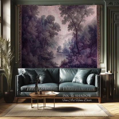 Purple Pastoral Landscape Woven Wall Tapestry | 19th Century Atmospheric Scene Timeless Romantic Classic Countryside Elegant Forest Blanket