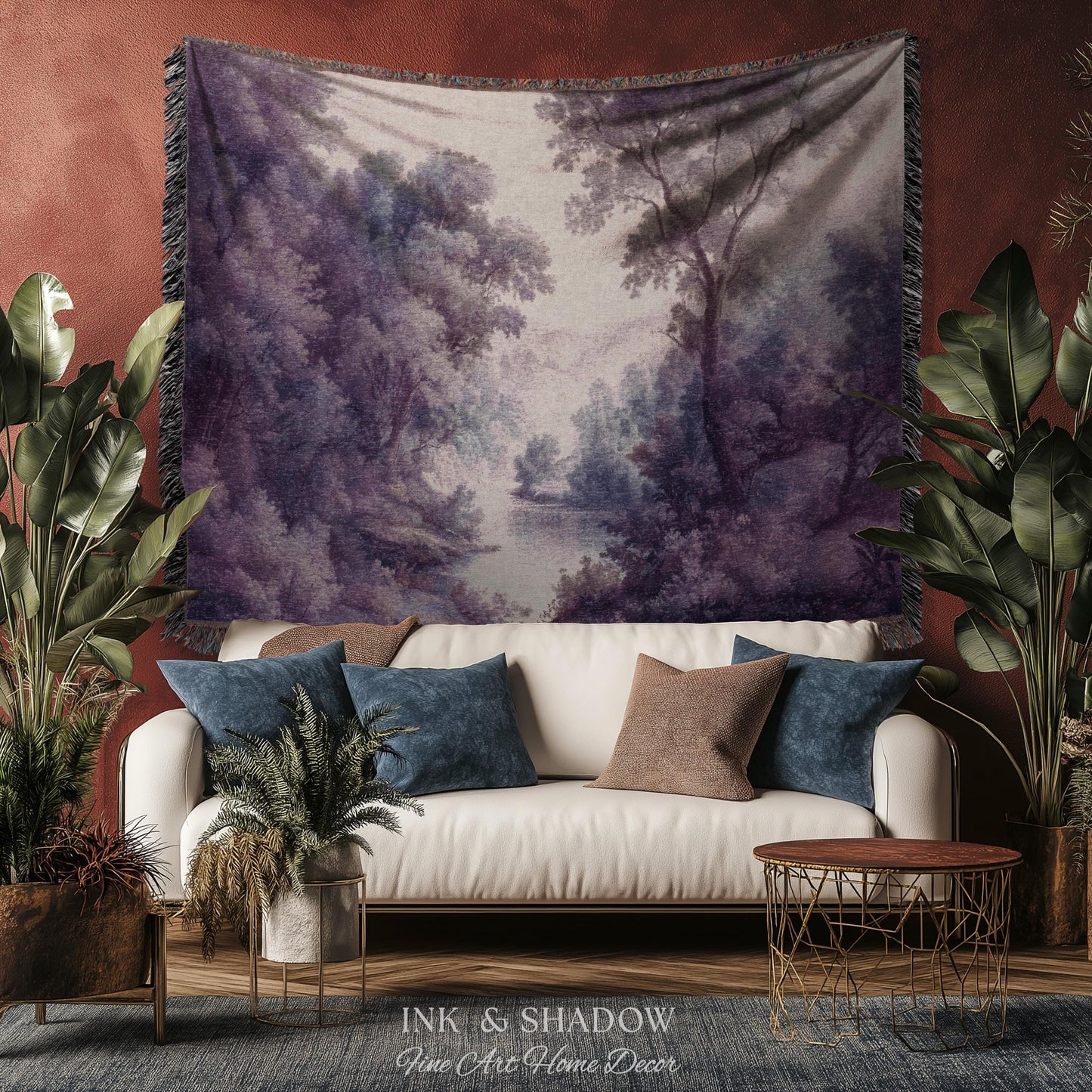 Purple Pastoral Landscape Woven Wall Tapestry | 19th Century Atmospheric Scene Timeless Romantic Classic Countryside Elegant Forest Blanket