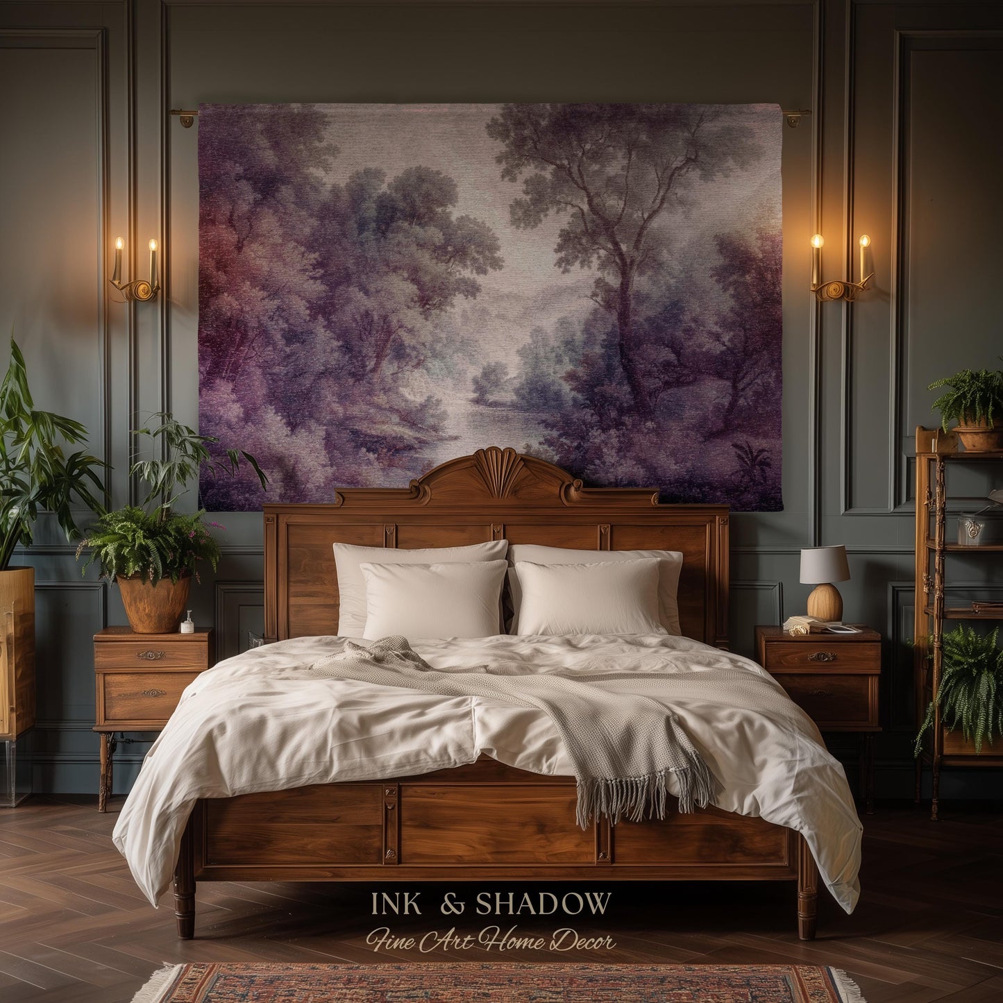 Purple Pastoral Landscape Woven Wall Tapestry | 19th Century Atmospheric Scene Timeless Romantic Classic Countryside Elegant Forest Blanket