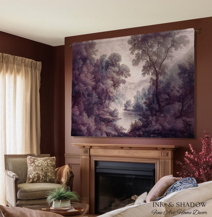 Purple Pastoral Landscape Woven Wall Tapestry | 19th Century Atmospheric Scene Timeless Romantic Classic Countryside Elegant Forest Blanket