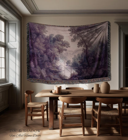 Purple Pastoral Landscape Woven Wall Tapestry | 19th Century Atmospheric Scene Timeless Romantic Classic Countryside Elegant Forest Blanket