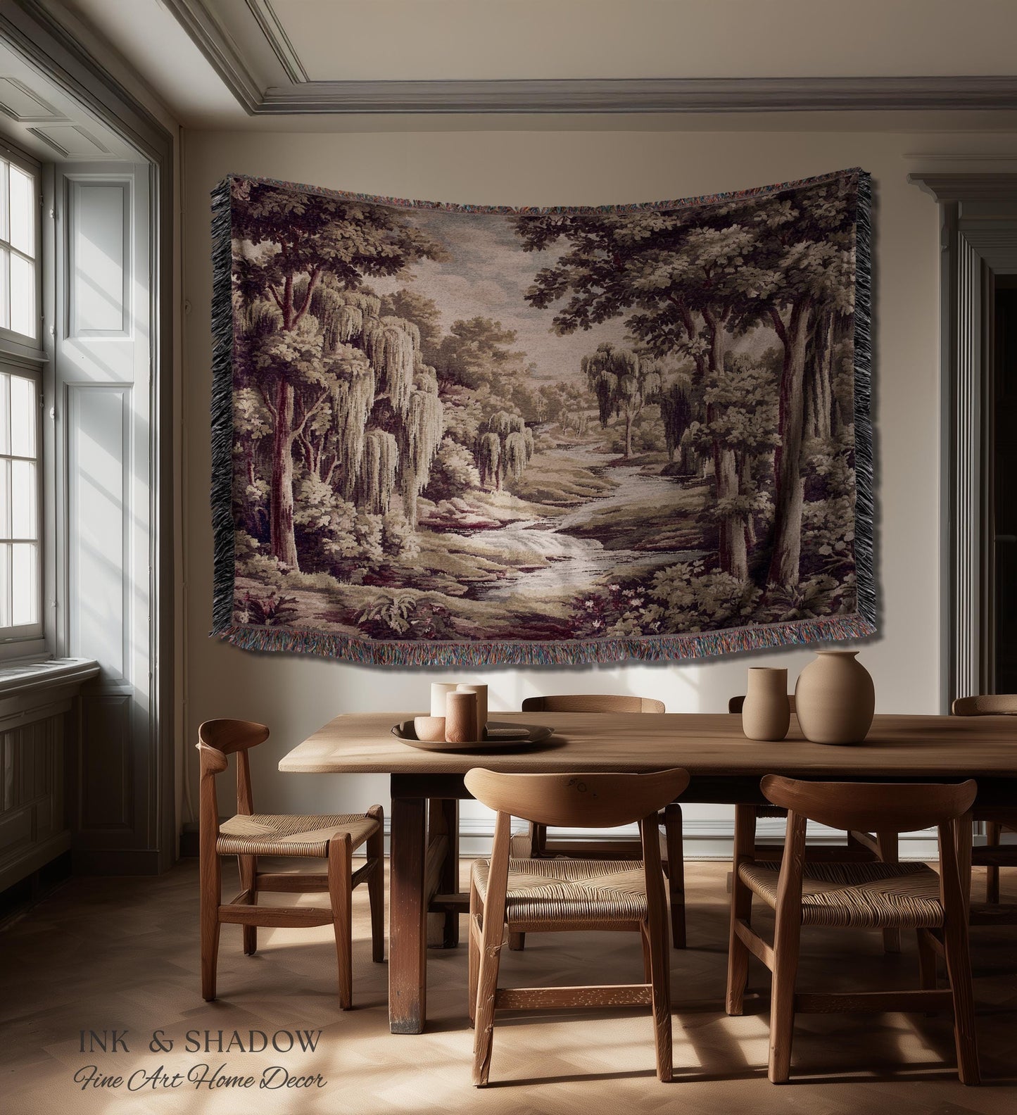 Willow Creek Heritage Textile Woven Wall Art | Scenic Forest Brook Landscape Vintage Pastoral Woodland Tapestry Old World Storybook Blanket