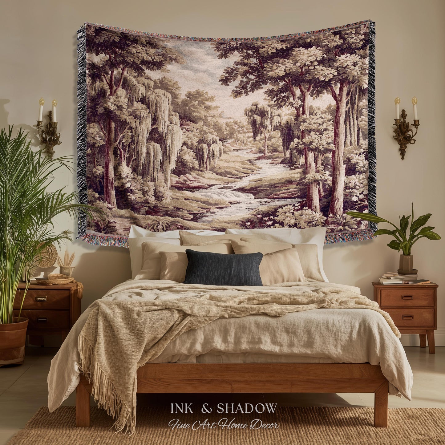 Willow Creek Heritage Textile Woven Wall Art | Scenic Forest Brook Landscape Vintage Pastoral Woodland Tapestry Old World Storybook Blanket