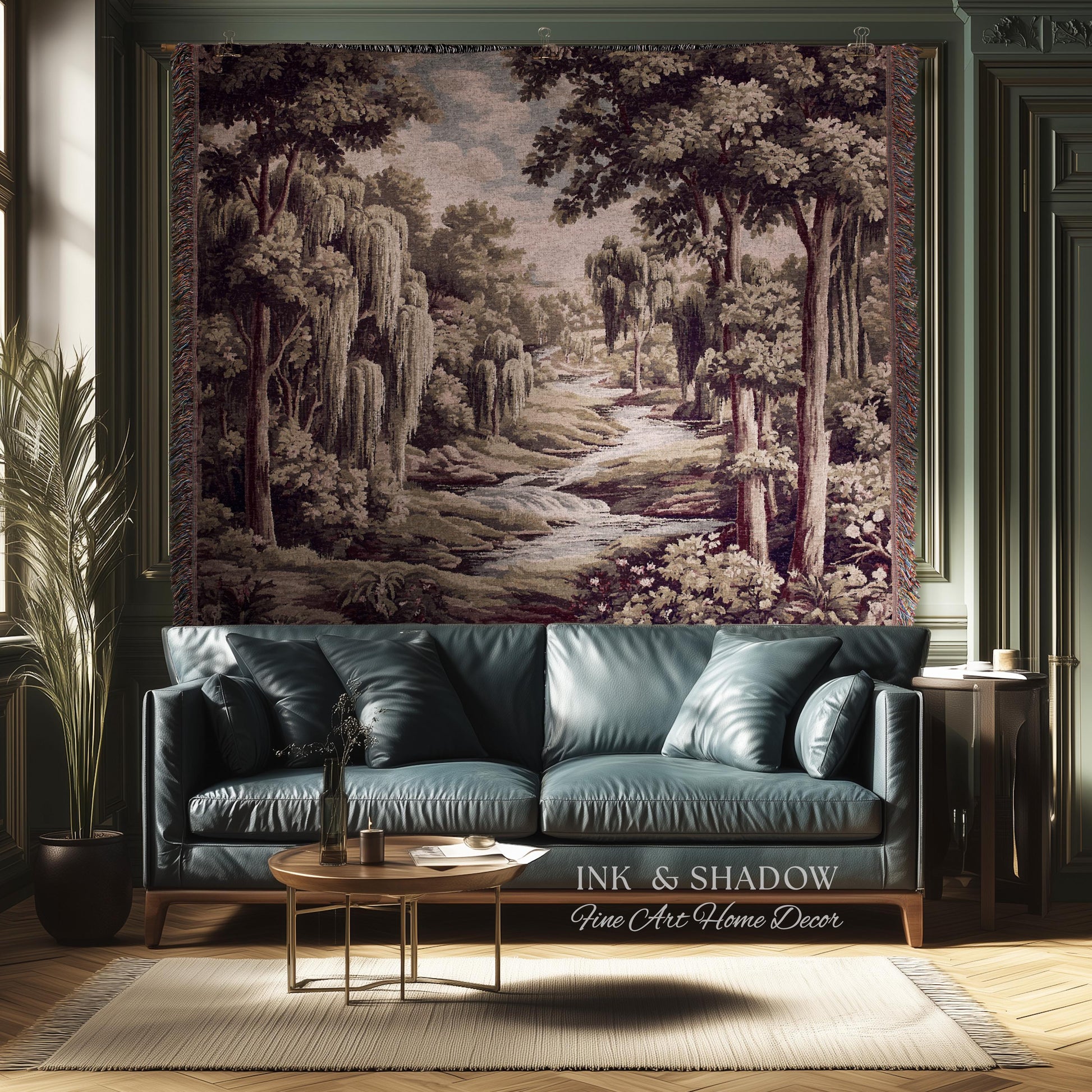 Willow Creek Heritage Textile Woven Wall Art | Scenic Forest Brook Landscape Vintage Pastoral Woodland Tapestry Old World Storybook Blanket