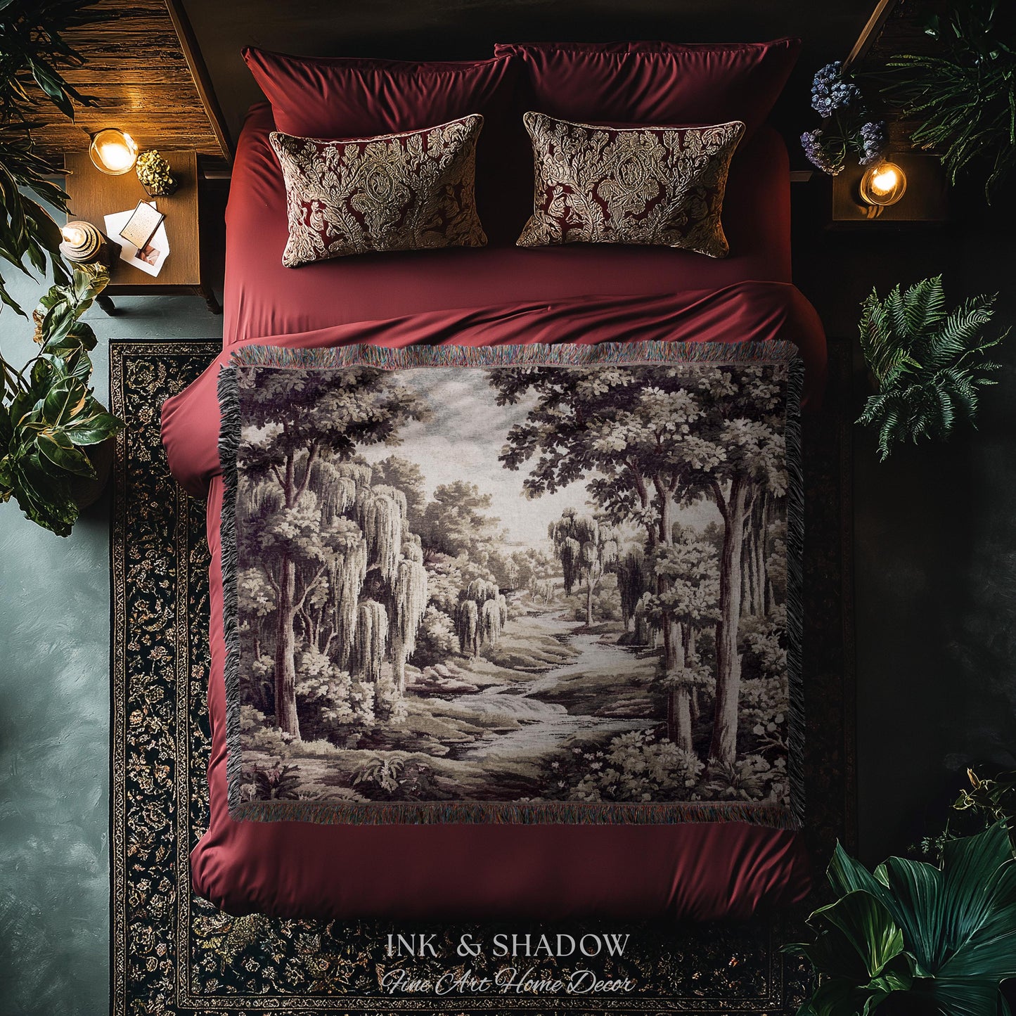 Willow Creek Heritage Textile Woven Wall Art | Scenic Forest Brook Landscape Vintage Pastoral Woodland Tapestry Old World Storybook Blanket