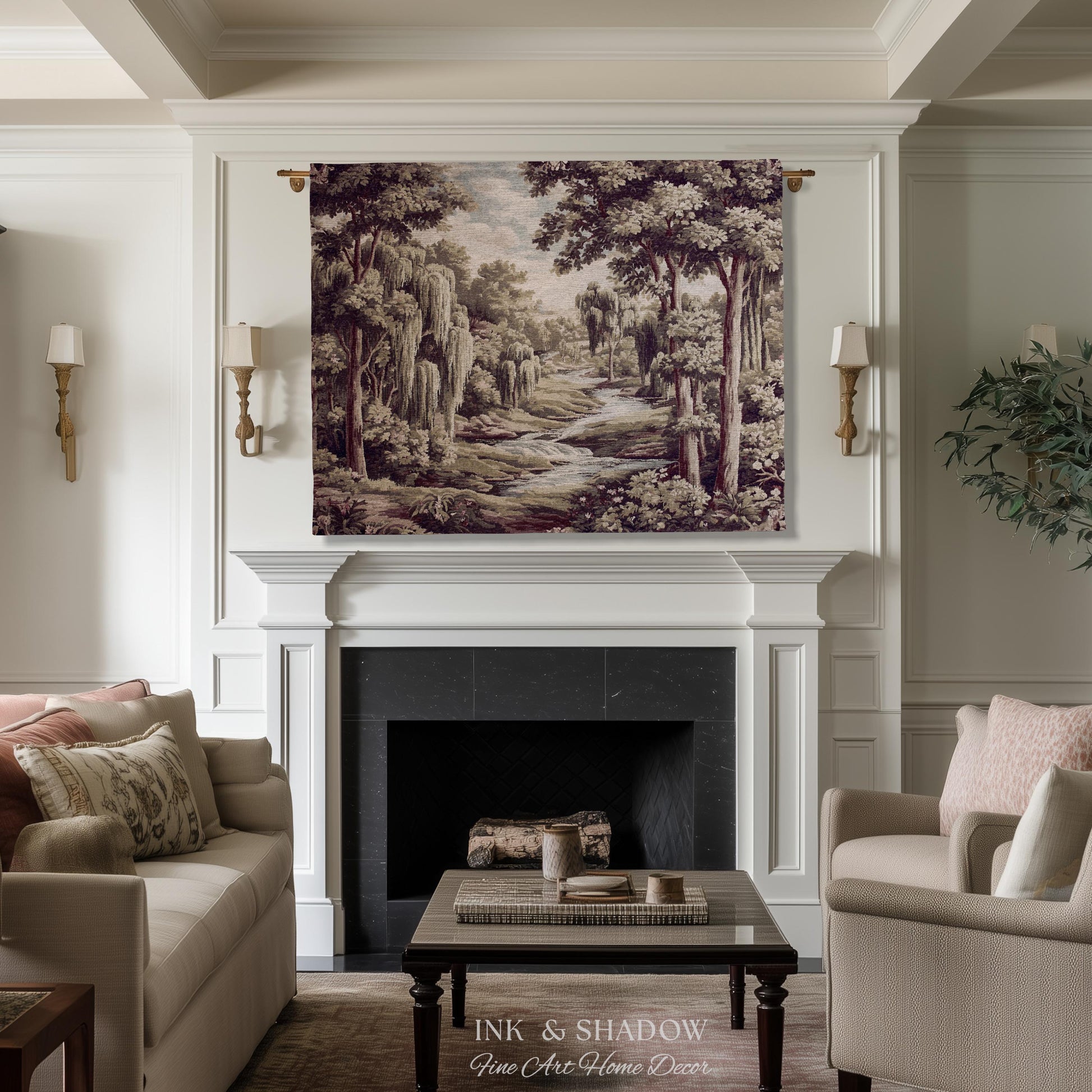Willow Creek Heritage Textile Woven Wall Art | Scenic Forest Brook Landscape Vintage Pastoral Woodland Tapestry Old World Storybook Blanket