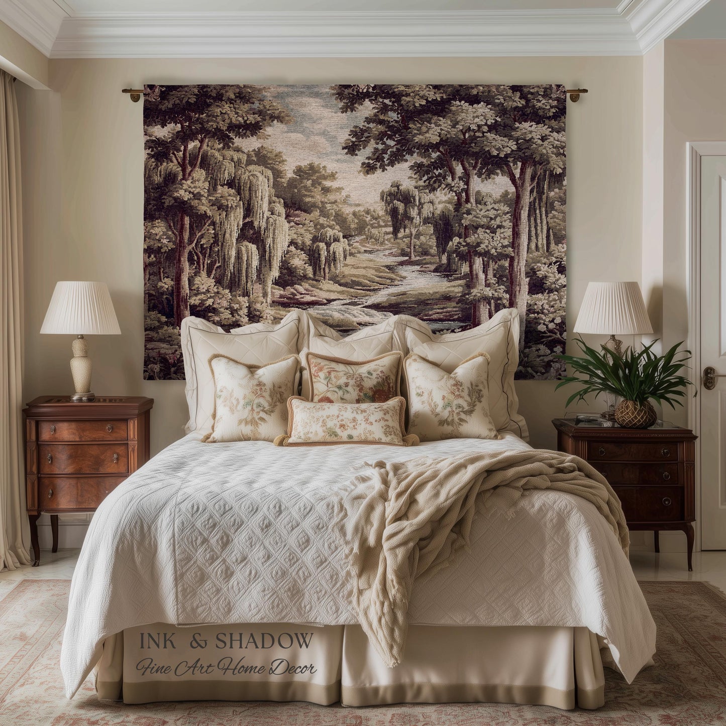 Willow Creek Heritage Textile Woven Wall Art | Scenic Forest Brook Landscape Vintage Pastoral Woodland Tapestry Old World Storybook Blanket