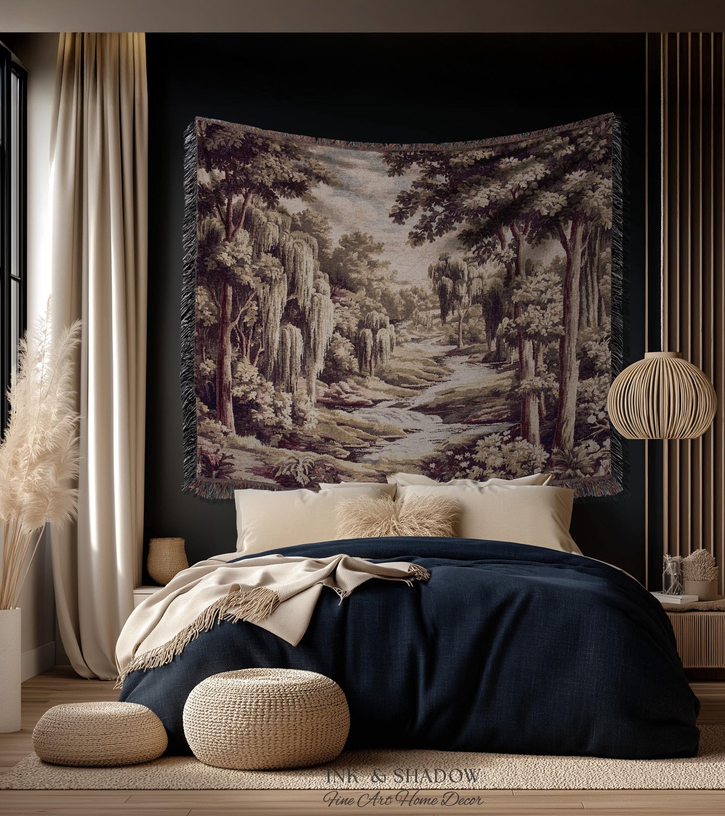 Willow Creek Heritage Textile Woven Wall Art | Scenic Forest Brook Landscape Vintage Pastoral Woodland Tapestry Old World Storybook Blanket