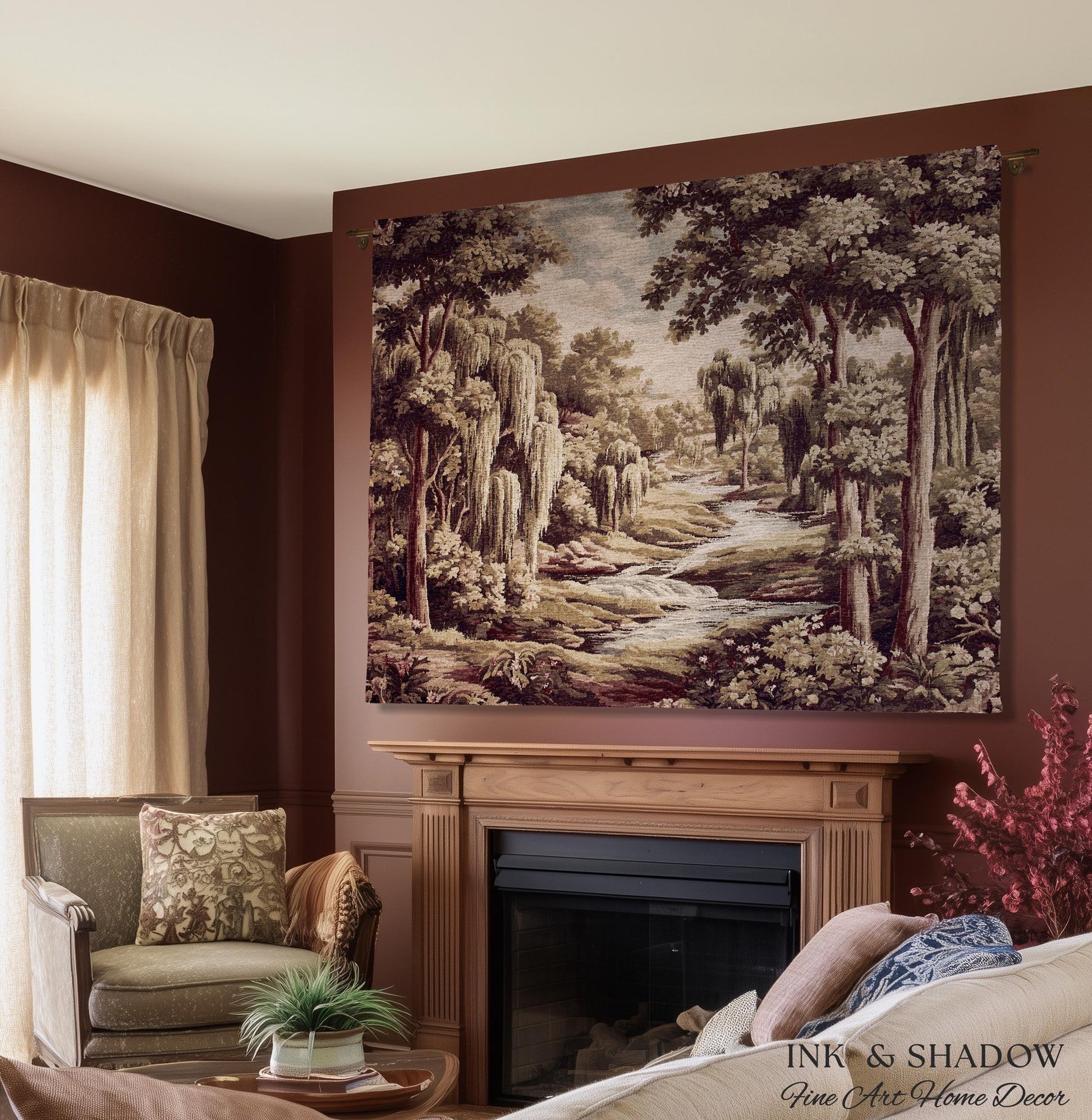 Willow Creek Heritage Textile Woven Wall Art | Scenic Forest Brook Landscape Vintage Pastoral Woodland Tapestry Old World Storybook Blanket