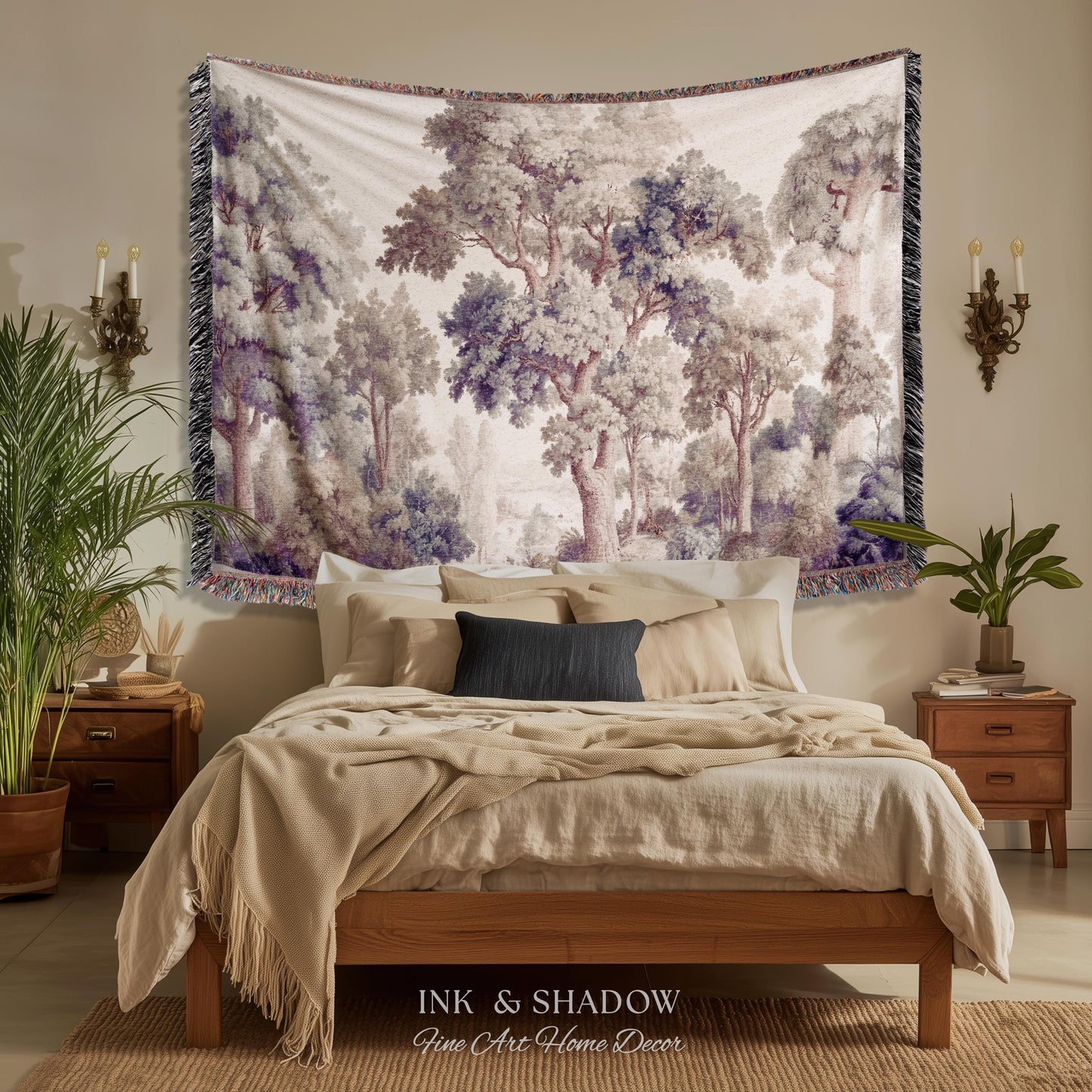 Earthy Pastel Forest Woodland Tapestry Wall Art | Vintage Botanical Naturalism Historical Verdure Bedroom Decor French Woven Jacquard Throw