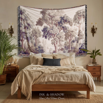 Earthy Pastel Forest Woodland Tapestry Wall Art | Vintage Botanical Naturalism Historical Verdure Bedroom Decor French Woven Jacquard Throw