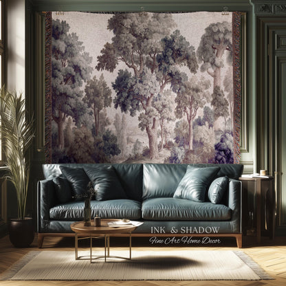 Earthy Pastel Forest Woodland Tapestry Wall Art | Vintage Botanical Naturalism Historical Verdure Bedroom Decor French Woven Jacquard Throw