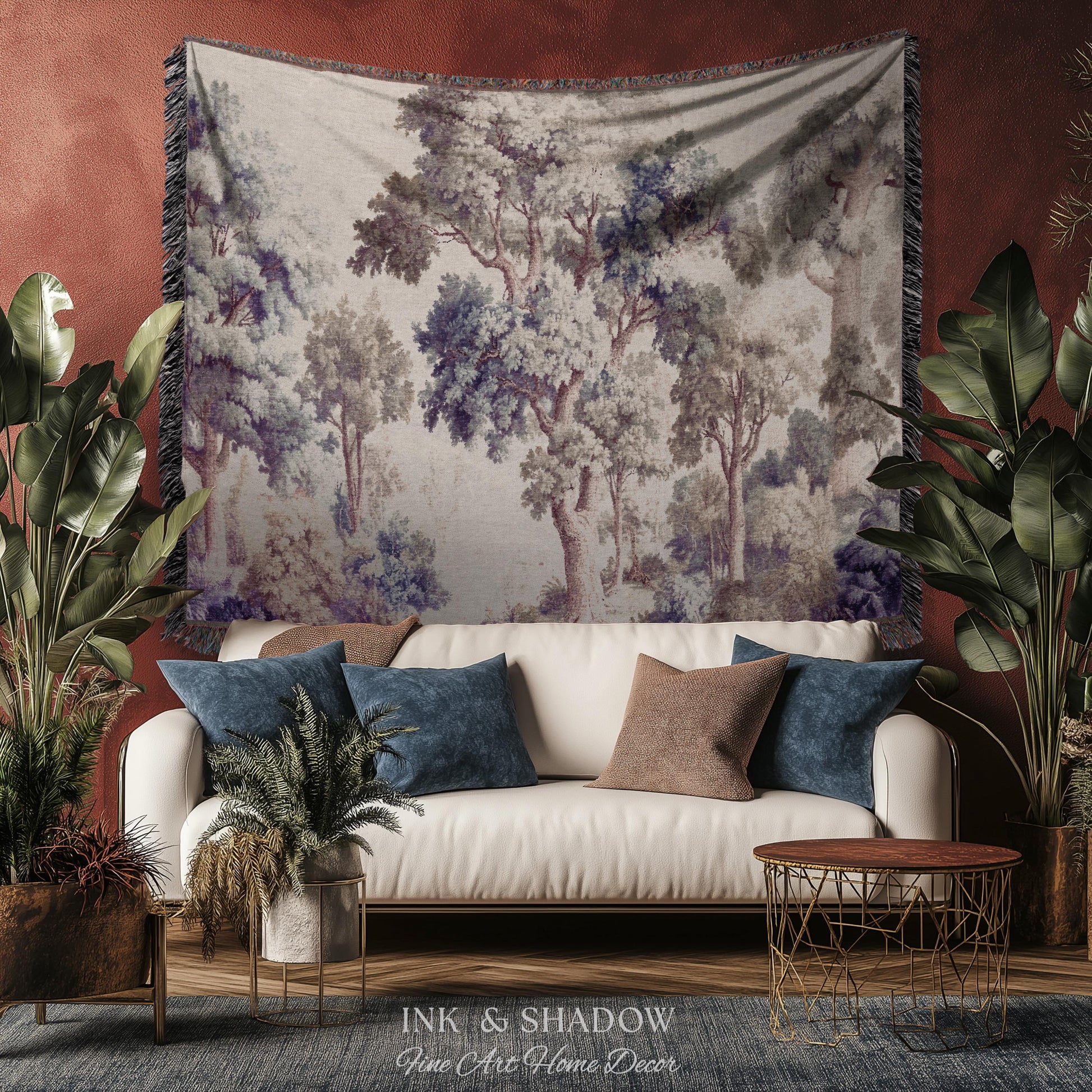 Earthy Pastel Forest Woodland Tapestry Wall Art | Vintage Botanical Naturalism Historical Verdure Bedroom Decor French Woven Jacquard Throw