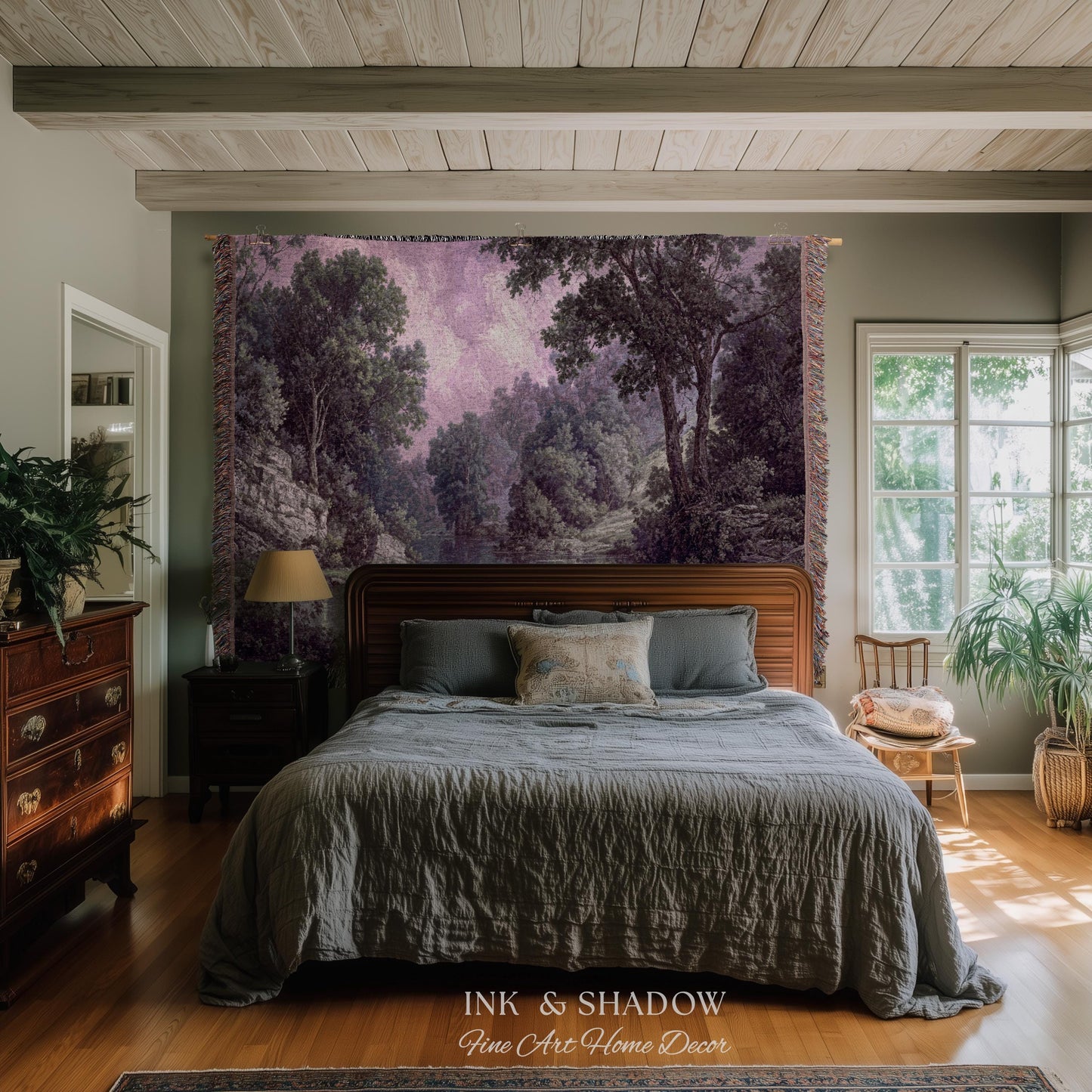 Calming Riverbank Muted Purple Rococo Tapestry | Soft Woodland Pastoral Scenery Historic Elegance Traditional Verdure Woven Jacquard Blanket