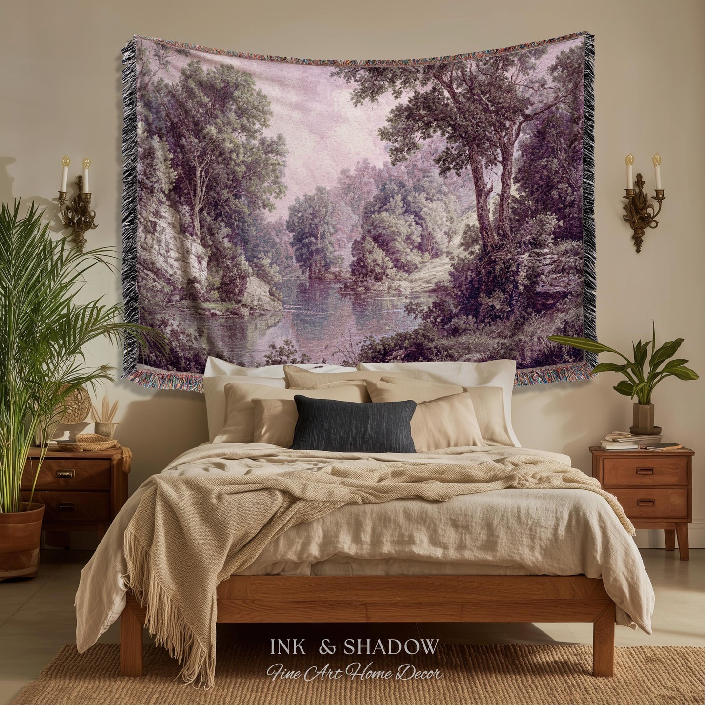 Calming Riverbank Muted Purple Rococo Tapestry | Soft Woodland Pastoral Scenery Historic Elegance Traditional Verdure Woven Jacquard Blanket