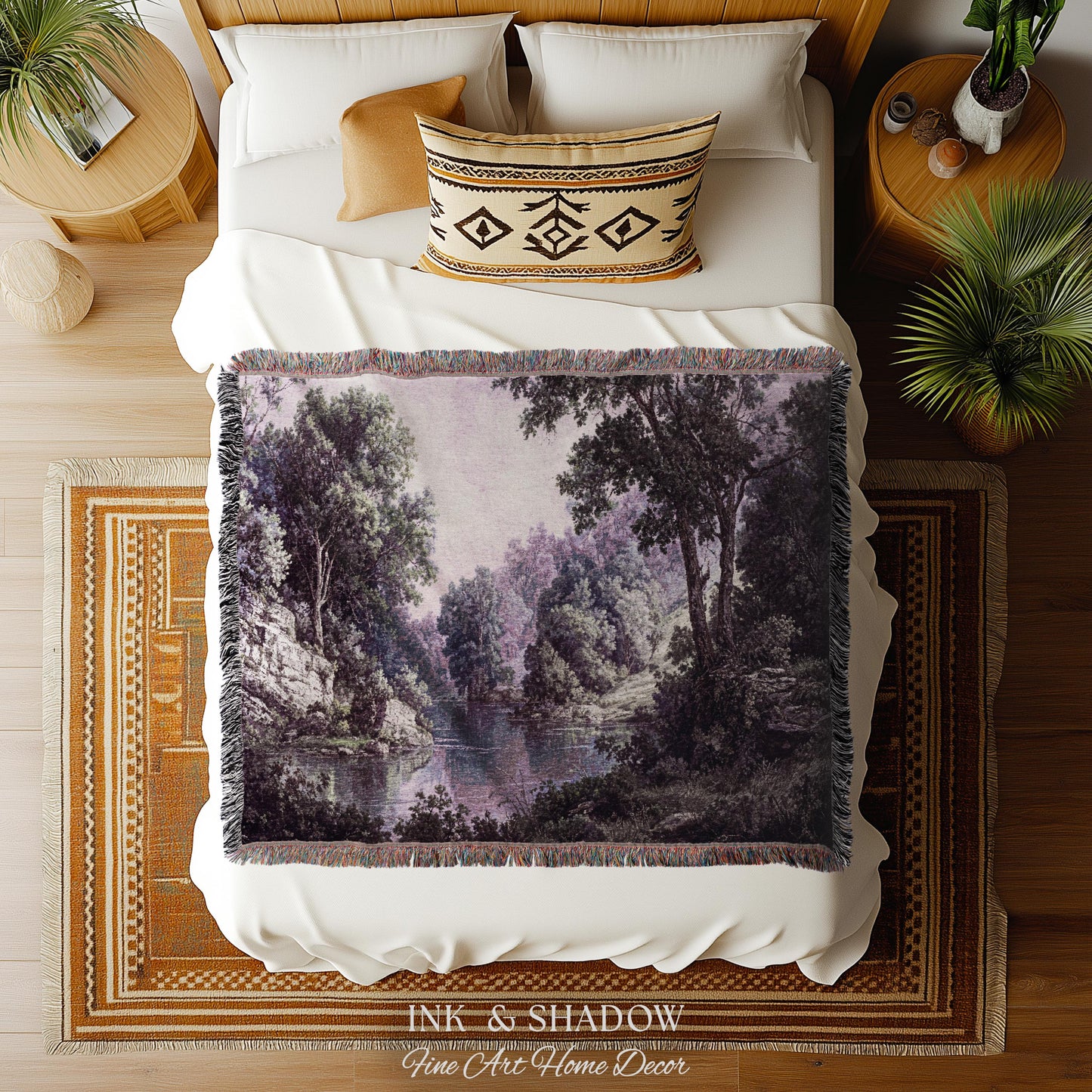 Calming Riverbank Muted Purple Rococo Tapestry | Soft Woodland Pastoral Scenery Historic Elegance Traditional Verdure Woven Jacquard Blanket
