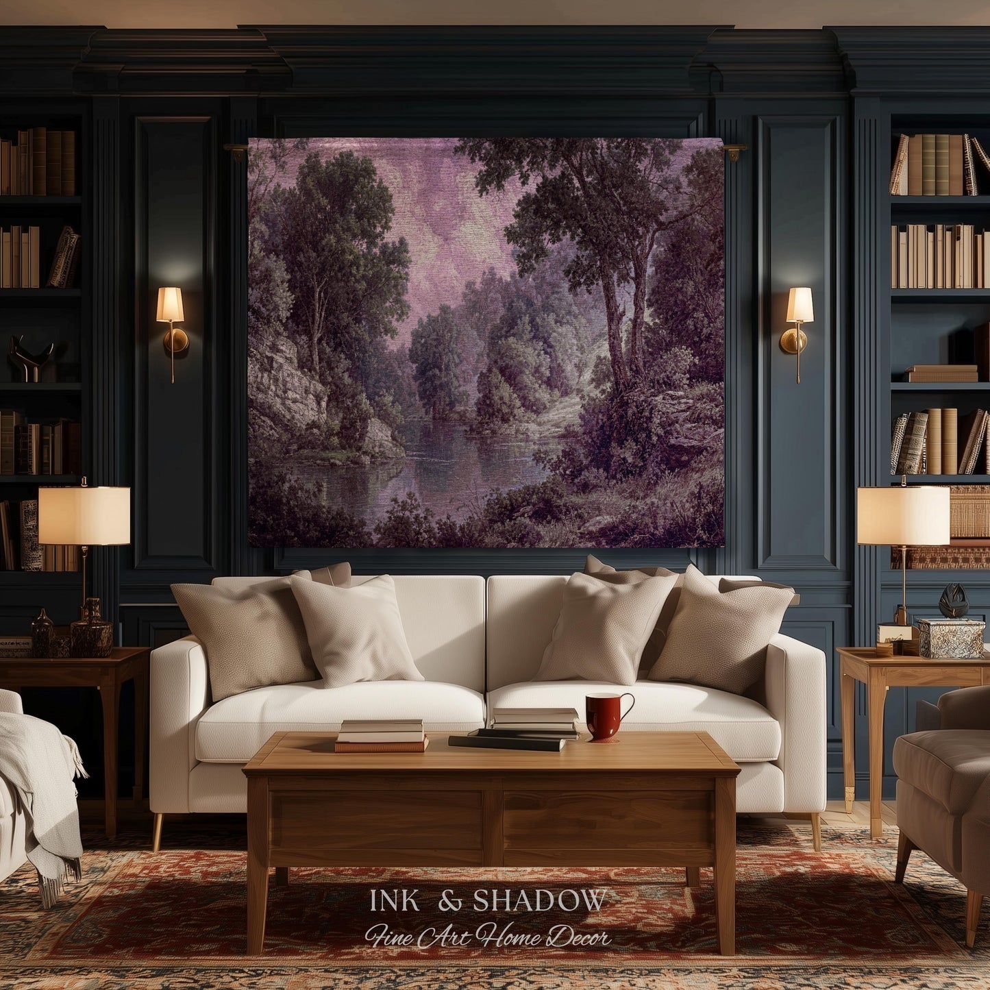 Calming Riverbank Muted Purple Rococo Tapestry | Soft Woodland Pastoral Scenery Historic Elegance Traditional Verdure Woven Jacquard Blanket