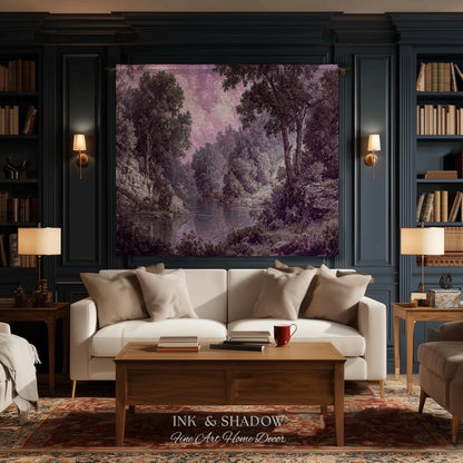 Calming Riverbank Muted Purple Rococo Tapestry | Soft Woodland Pastoral Scenery Historic Elegance Traditional Verdure Woven Jacquard Blanket