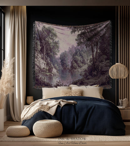 Calming Riverbank Muted Purple Rococo Tapestry | Soft Woodland Pastoral Scenery Historic Elegance Traditional Verdure Woven Jacquard Blanket