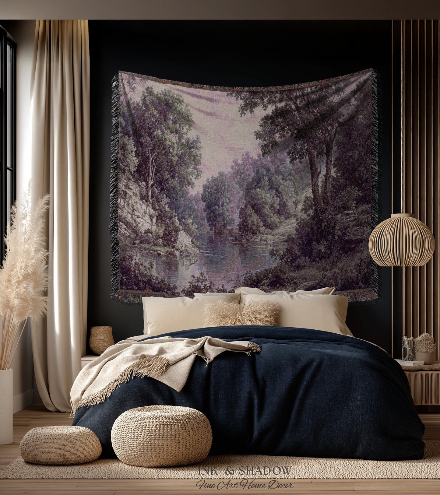 Calming Riverbank Muted Purple Rococo Tapestry | Soft Woodland Pastoral Scenery Historic Elegance Traditional Verdure Woven Jacquard Blanket