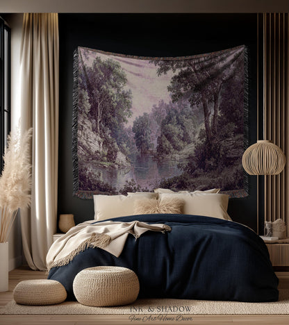 Calming Riverbank Muted Purple Rococo Tapestry | Soft Woodland Pastoral Scenery Historic Elegance Traditional Verdure Woven Jacquard Blanket