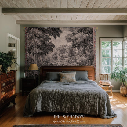 Soft Monochrome Scenic Landscape Tapestry Wall Hanging | Neutral Gray Woodland Stream Botanical Grove Woven Throw Classical Art Home Decor
