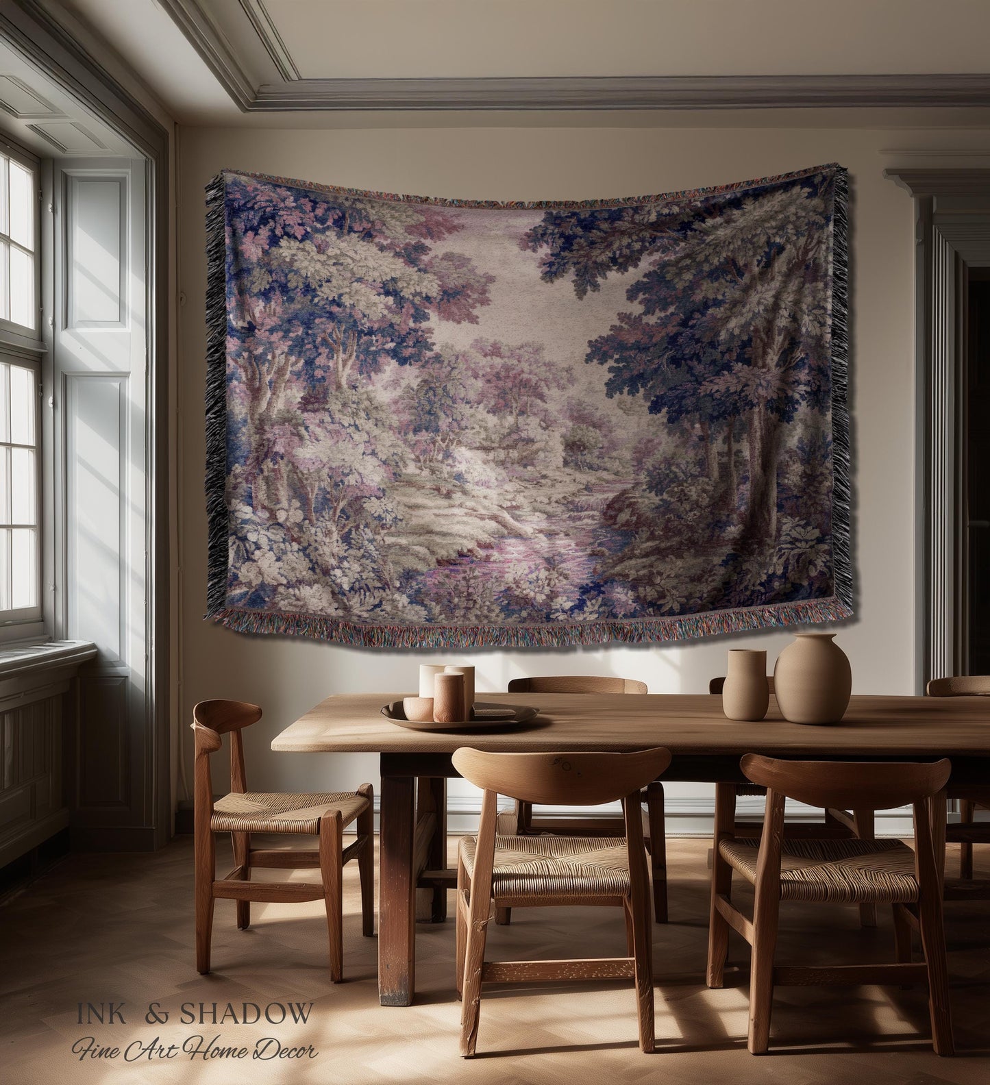 Dreamy Riverbank Romantic Wall Hanging | Cool Tone Pastel European Jacquard Woven Throw Blanket Aubusson French Verdure Tapestry Botanical