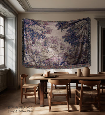 Dreamy Riverbank Romantic Wall Hanging | Cool Tone Pastel European Jacquard Woven Throw Blanket Aubusson French Verdure Tapestry Botanical