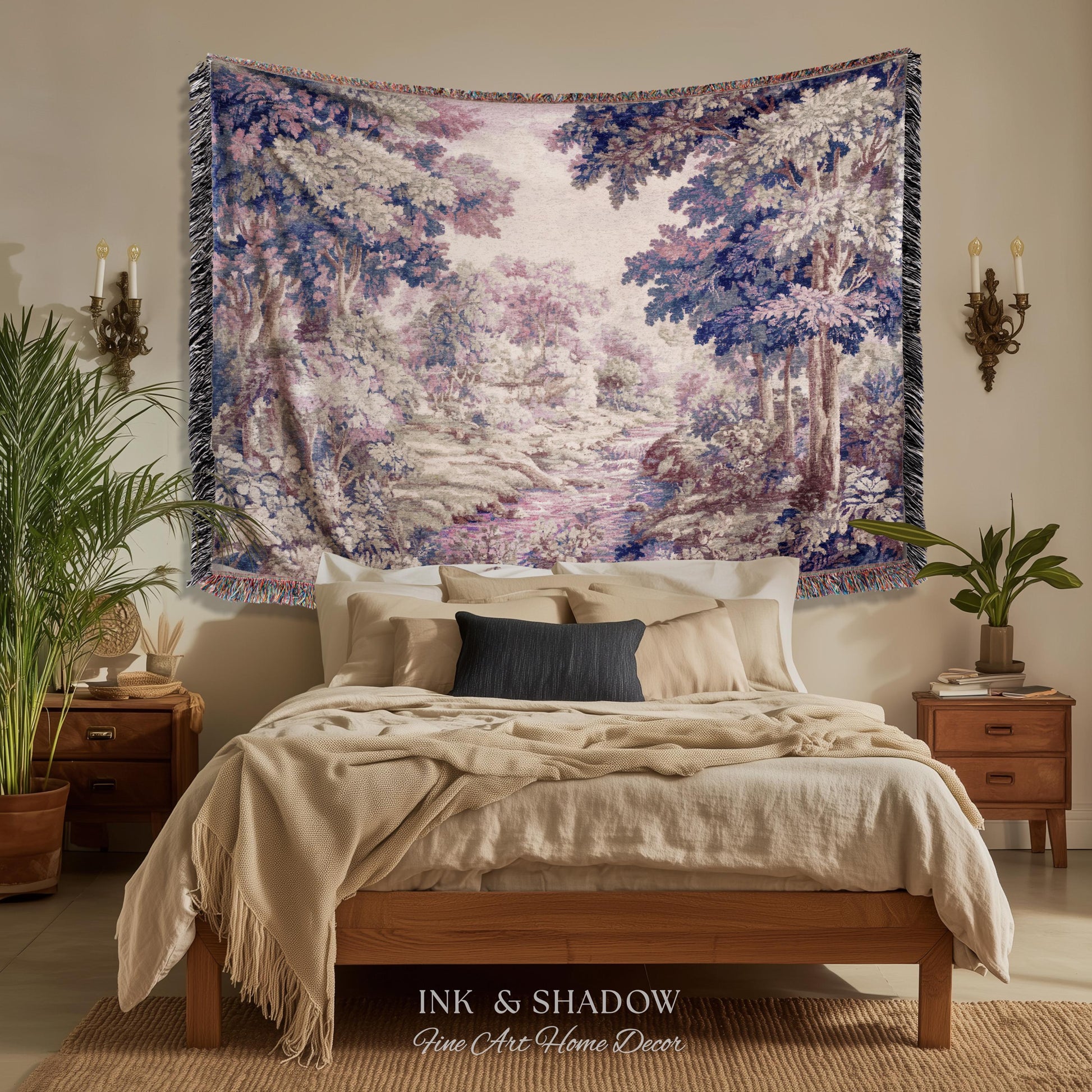 Dreamy Riverbank Romantic Wall Hanging | Cool Tone Pastel European Jacquard Woven Throw Blanket Aubusson French Verdure Tapestry Botanical