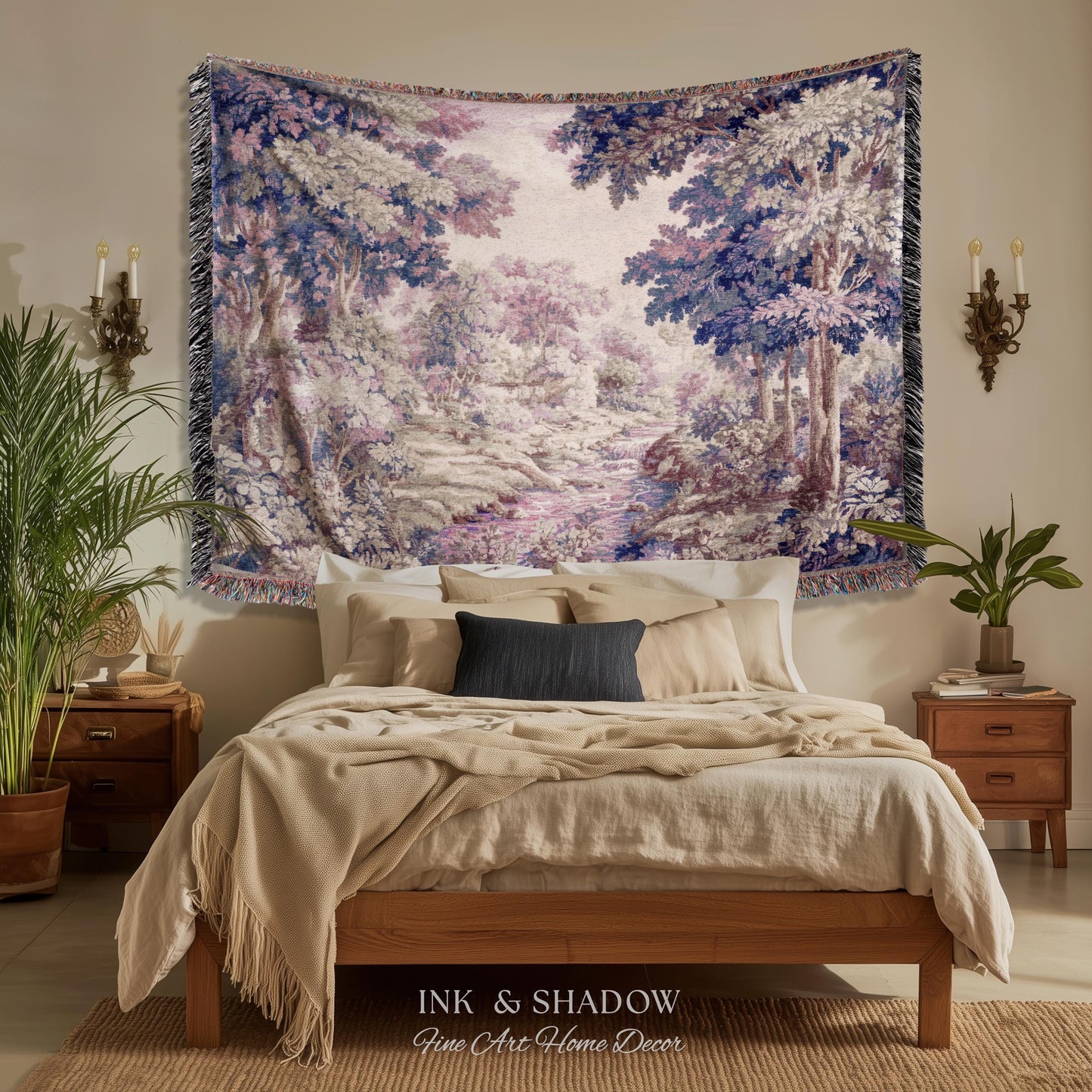 Dreamy Riverbank Romantic Wall Hanging | Cool Tone Pastel European Jacquard Woven Throw Blanket Aubusson French Verdure Tapestry Botanical