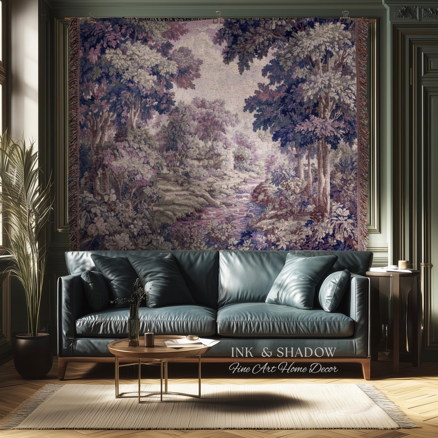 Dreamy Riverbank Romantic Wall Hanging | Cool Tone Pastel European Jacquard Woven Throw Blanket Aubusson French Verdure Tapestry Botanical