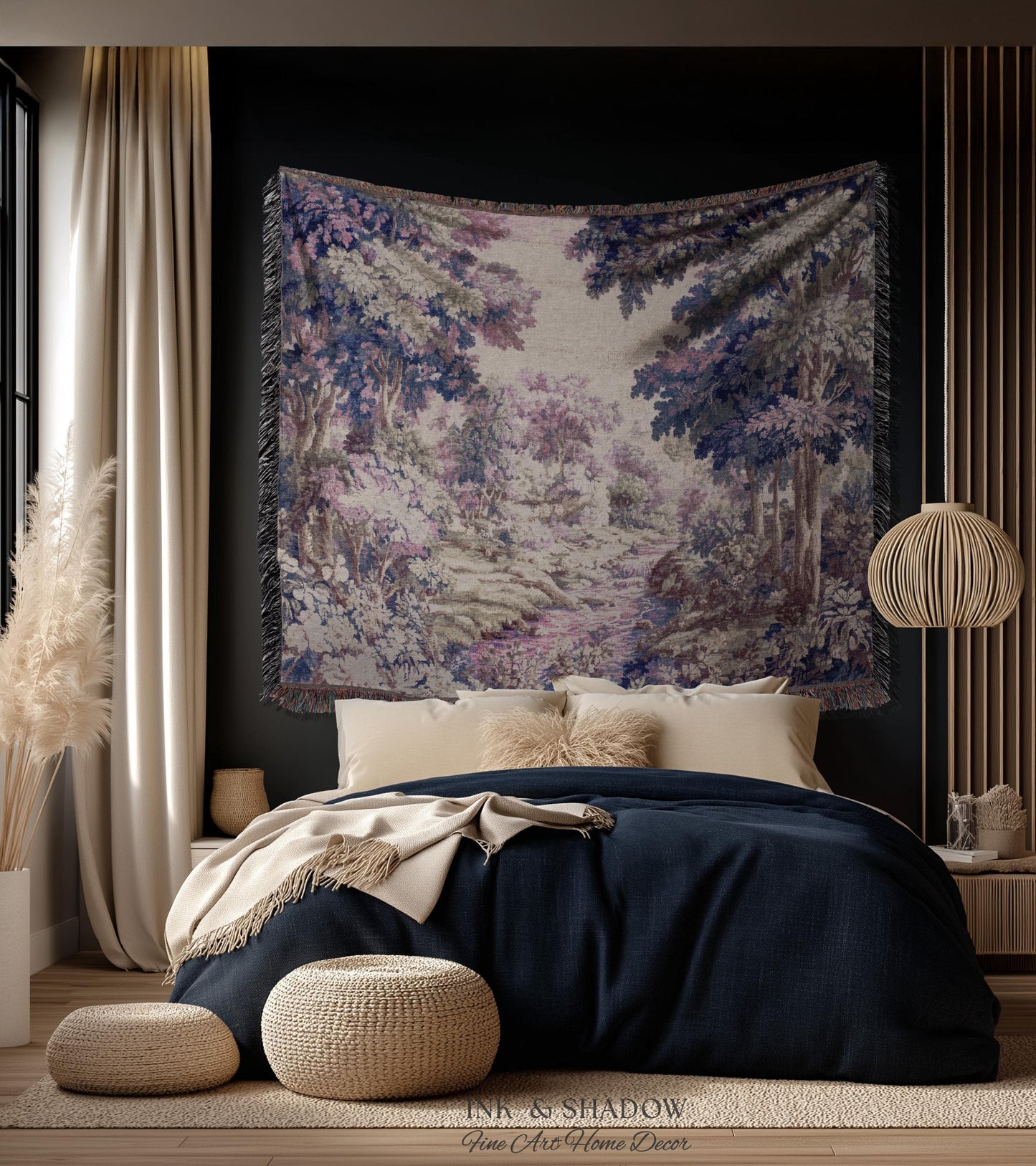 Dreamy Riverbank Romantic Wall Hanging | Cool Tone Pastel European Jacquard Woven Throw Blanket Aubusson French Verdure Tapestry Botanical