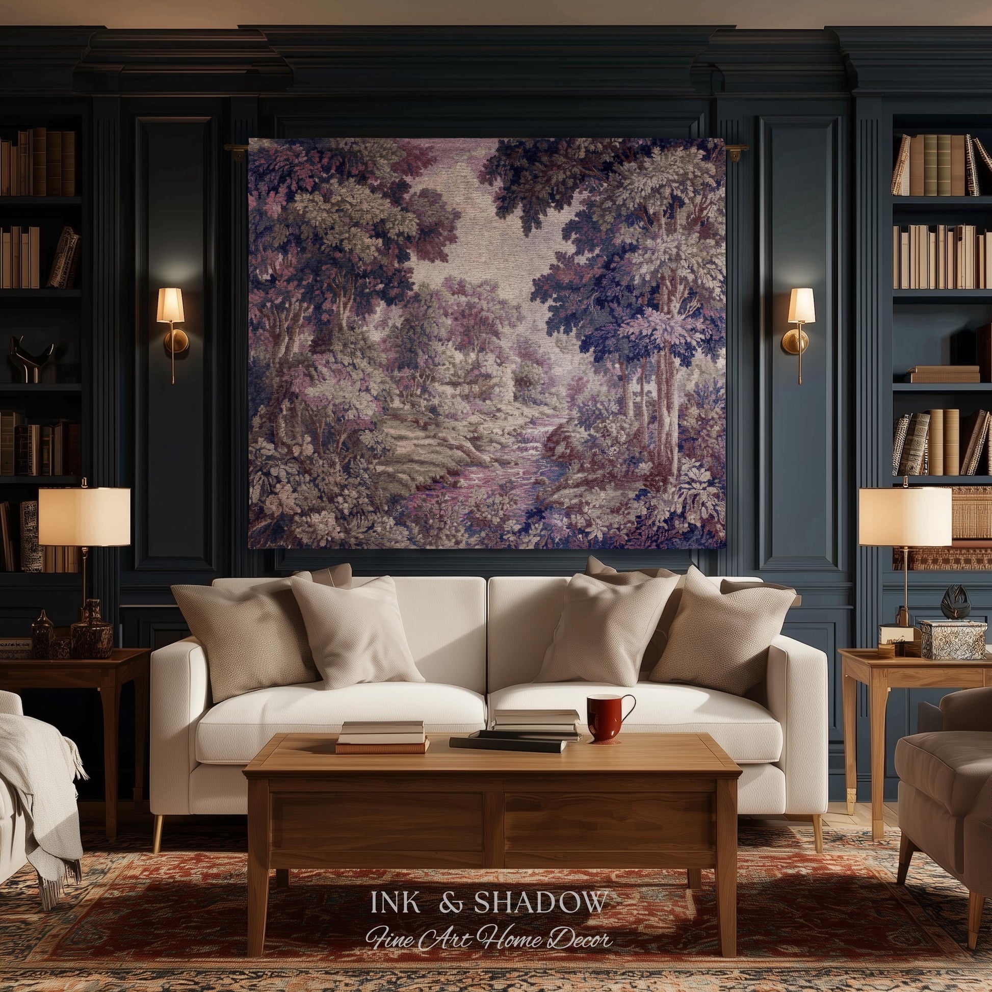 Dreamy Riverbank Romantic Wall Hanging | Cool Tone Pastel European Jacquard Woven Throw Blanket Aubusson French Verdure Tapestry Botanical