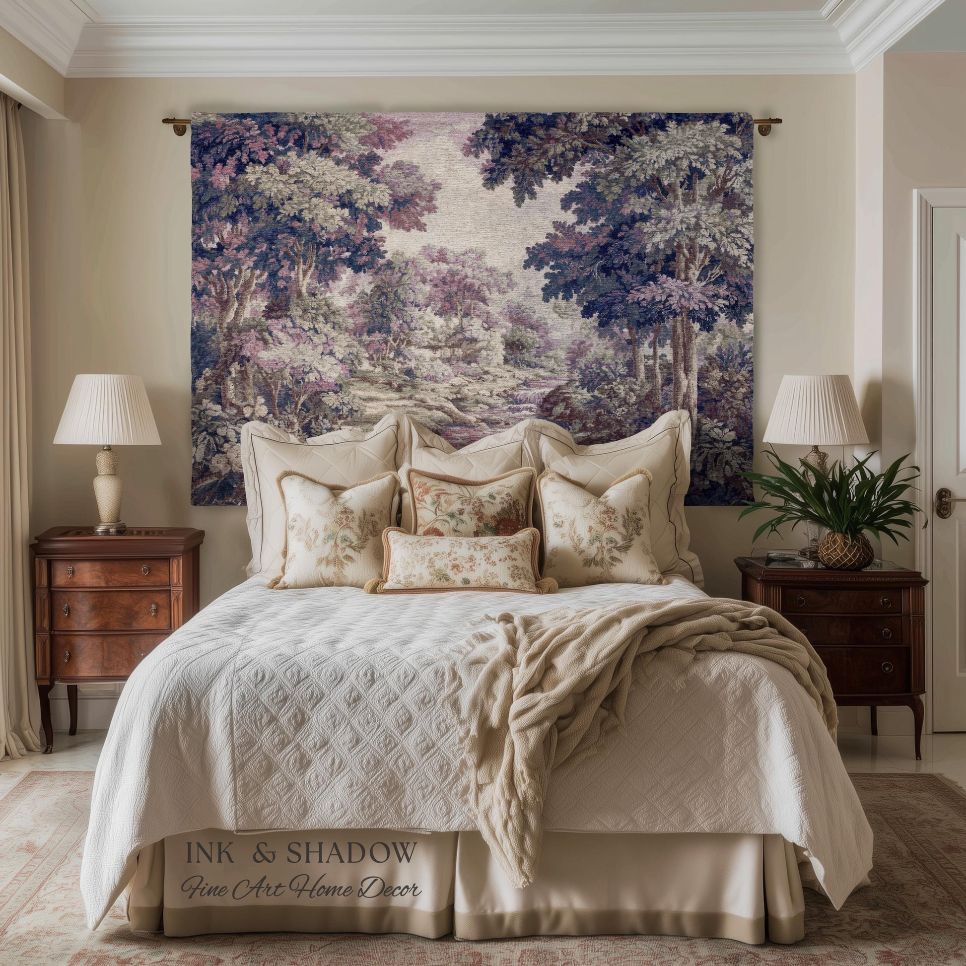 Dreamy Riverbank Romantic Wall Hanging | Cool Tone Pastel European Jacquard Woven Throw Blanket Aubusson French Verdure Tapestry Botanical