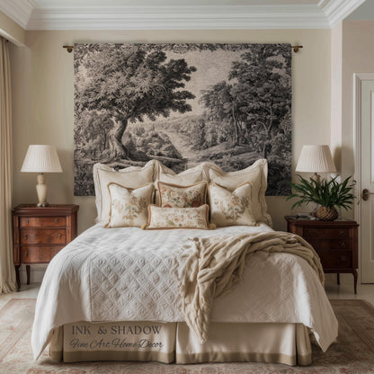Tranquil Tonal Countryside Landscape Tapestry Wall Art | Monochrome Whimsical Woodland Scenic Woven Home Textile Rustic Charm Nature Decor