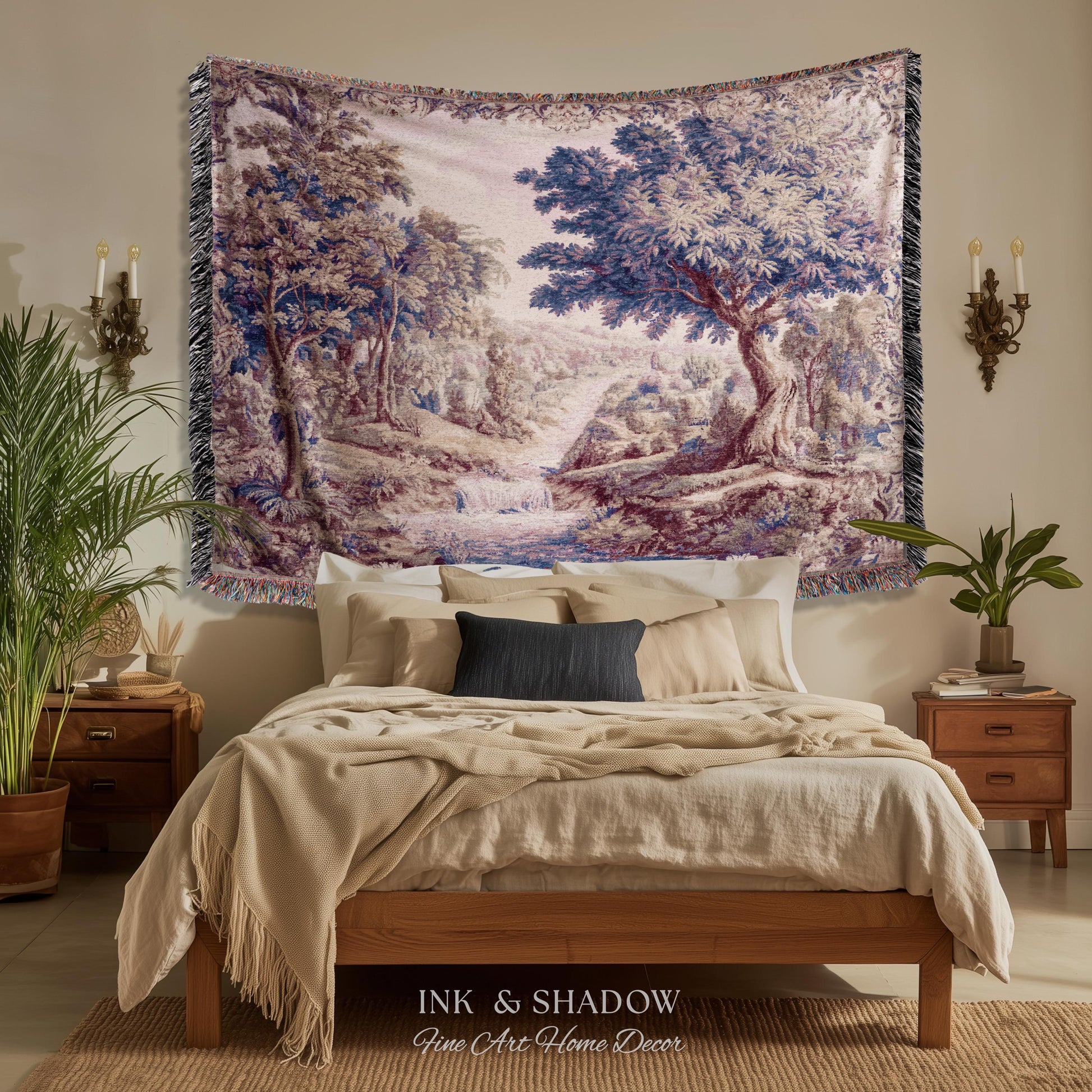 Aubusson Style Whimsical Woodland Art Wall Tapestry | French Rococo Textile Scenic Countryside Landscape Soft Luxury Romantic Pastoral Throw