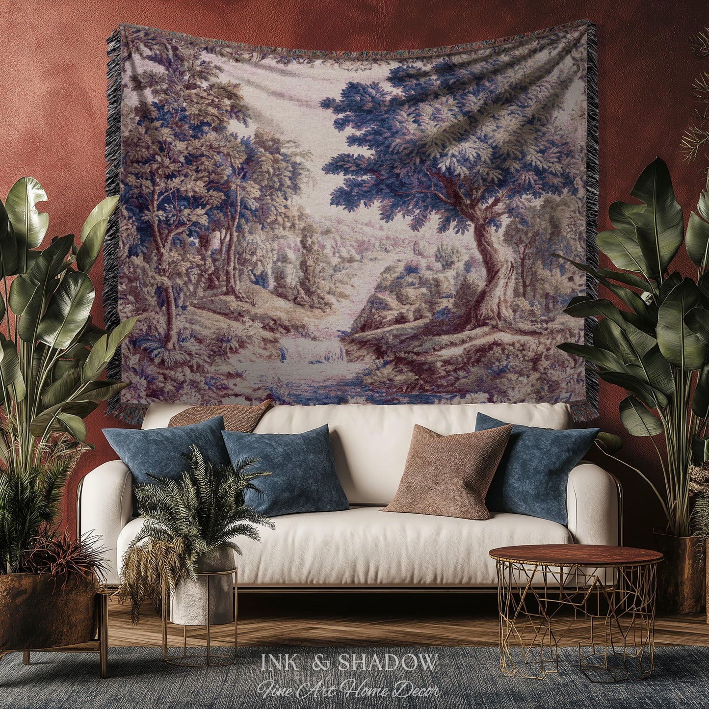 Aubusson Style Whimsical Woodland Art Wall Tapestry | French Rococo Textile Scenic Countryside Landscape Soft Luxury Romantic Pastoral Throw