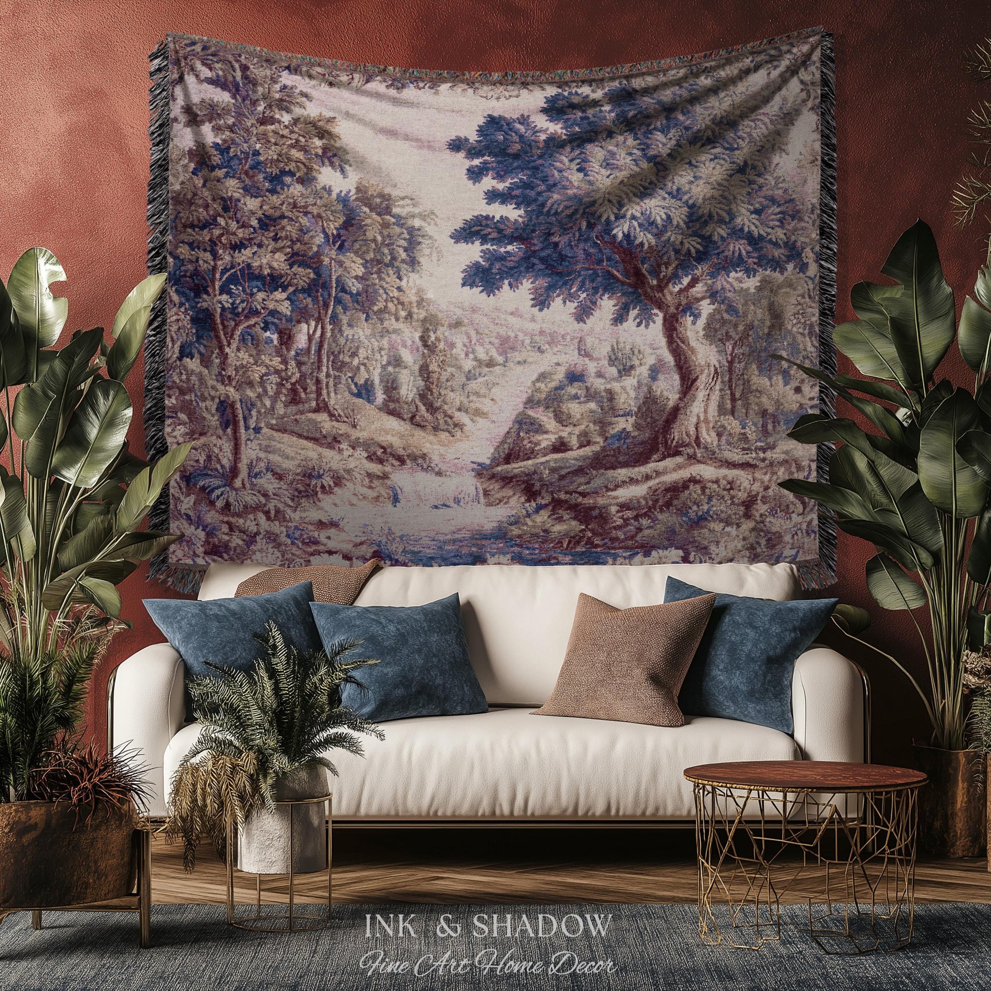 Aubusson Style Whimsical Woodland Art Wall Tapestry | French Rococo Textile Scenic Countryside Landscape Soft Luxury Romantic Pastoral Throw