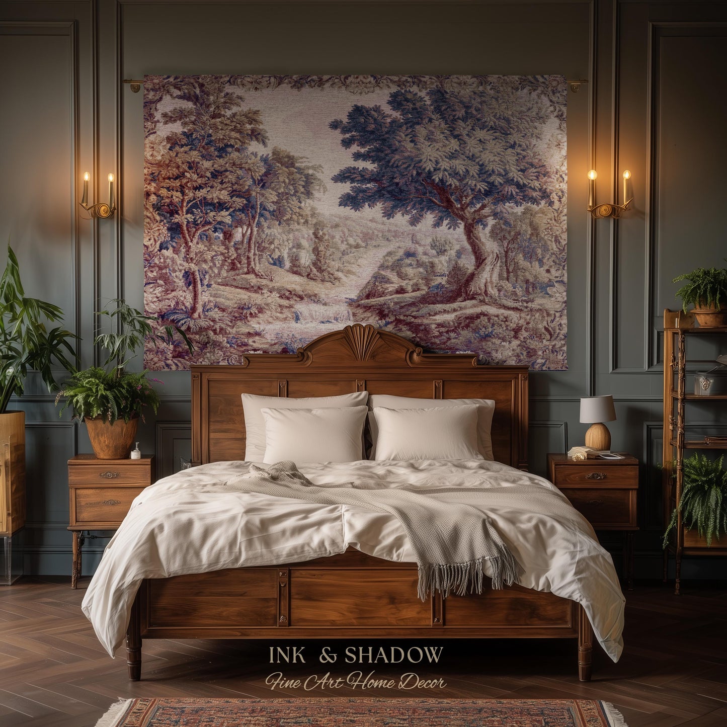 Aubusson Style Whimsical Woodland Art Wall Tapestry | French Rococo Textile Scenic Countryside Landscape Soft Luxury Romantic Pastoral Throw