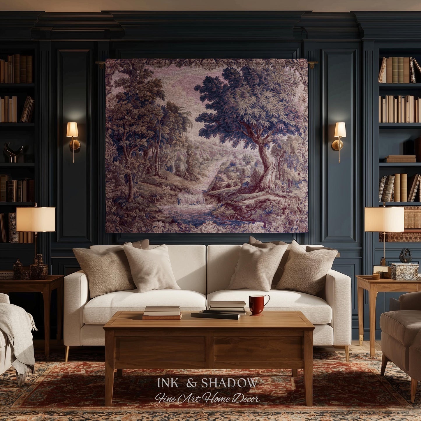 Aubusson Style Whimsical Woodland Art Wall Tapestry | French Rococo Textile Scenic Countryside Landscape Soft Luxury Romantic Pastoral Throw