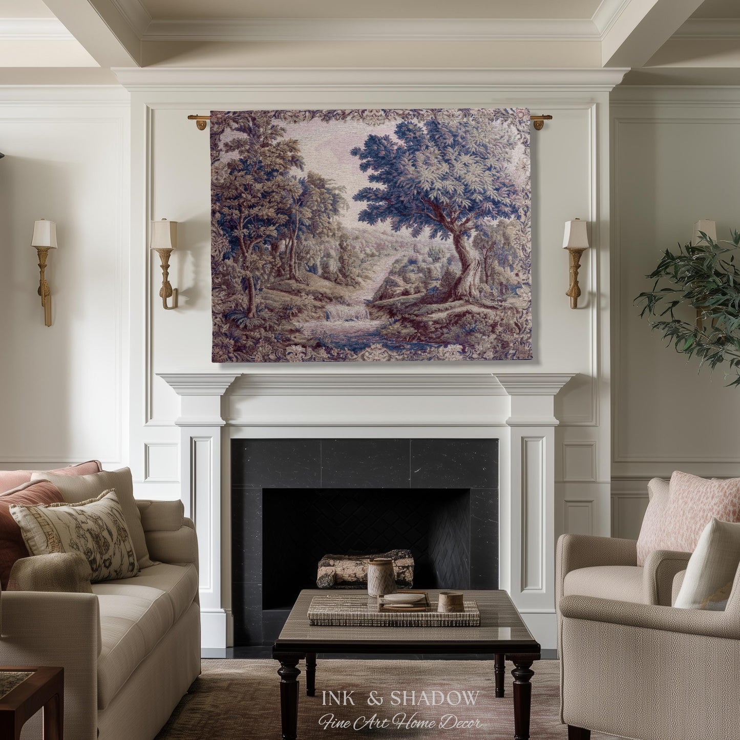 Aubusson Style Whimsical Woodland Art Wall Tapestry | French Rococo Textile Scenic Countryside Landscape Soft Luxury Romantic Pastoral Throw
