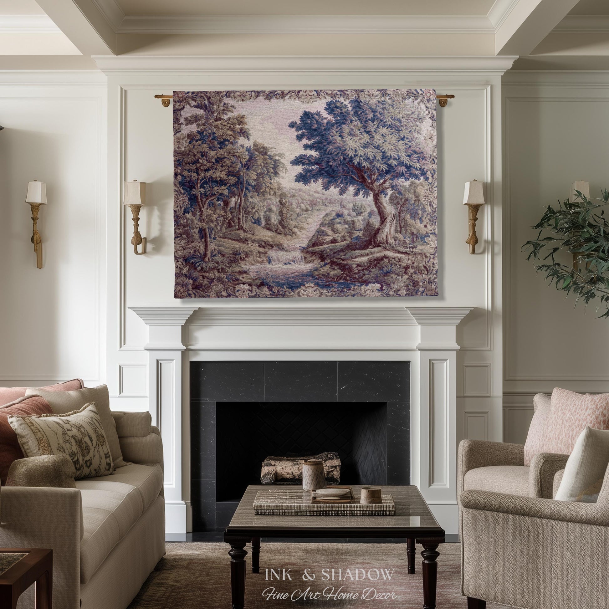 Aubusson Style Whimsical Woodland Art Wall Tapestry | French Rococo Textile Scenic Countryside Landscape Soft Luxury Romantic Pastoral Throw