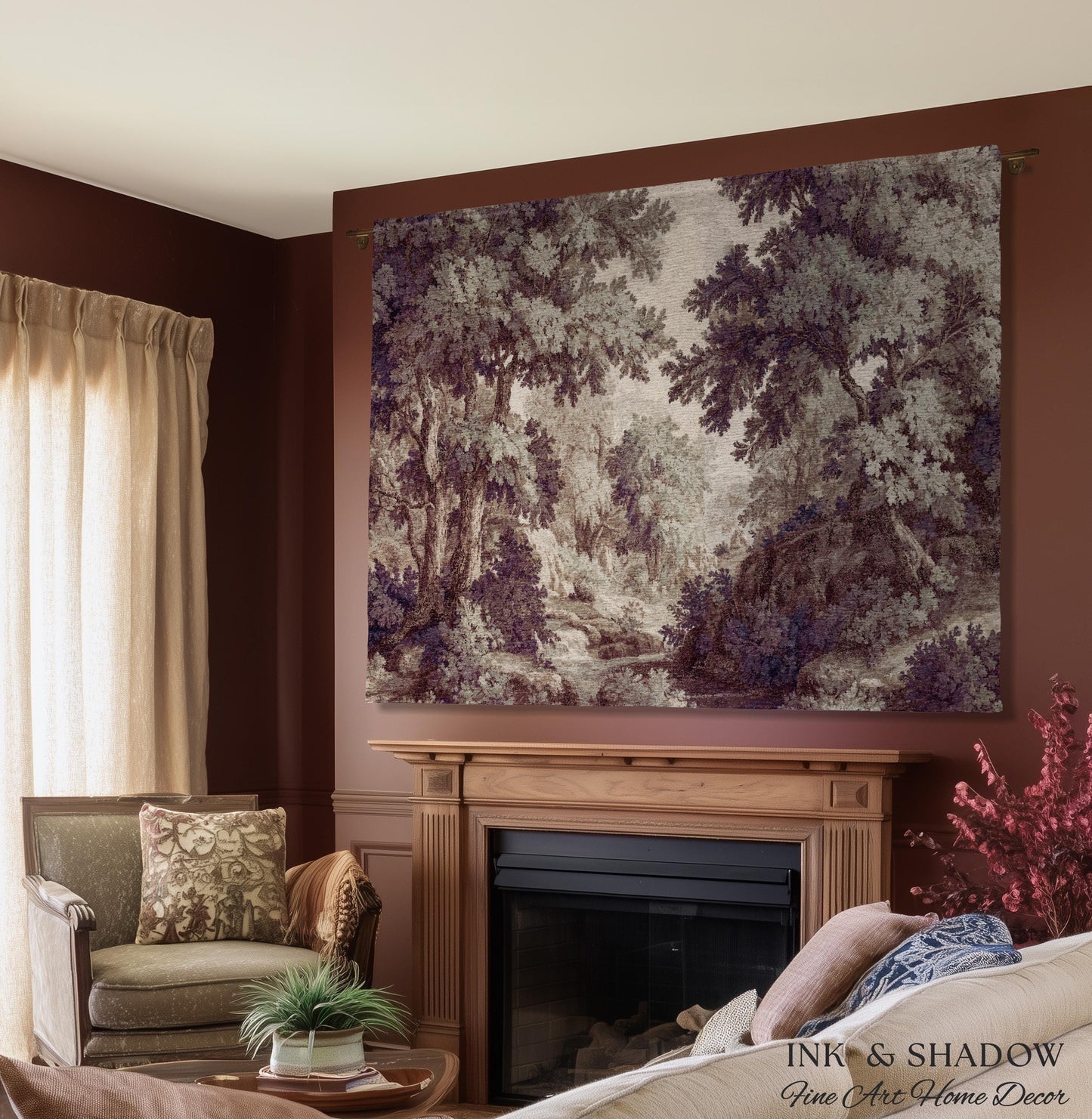 Forest Path Serene French Landscape Woven Wall Art | Vintage Romantic Soft Countryside Rustic Verdure Tapestry Traditional French Home Decor