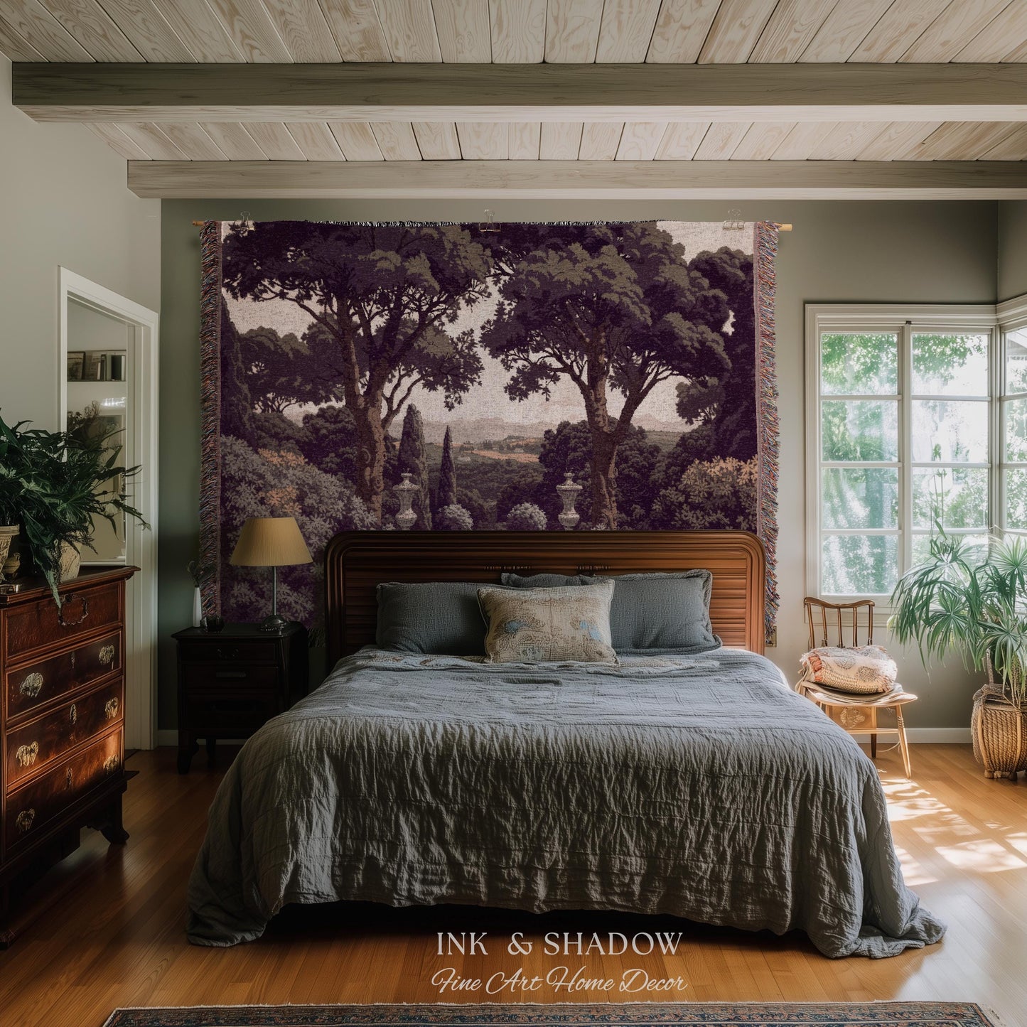 Mediterranean Villa Romantic Landscape Tapestry Throw | Pastoral Countryside Vintage Terrace Dark Romantic Jacquard Woven Classical Blanket