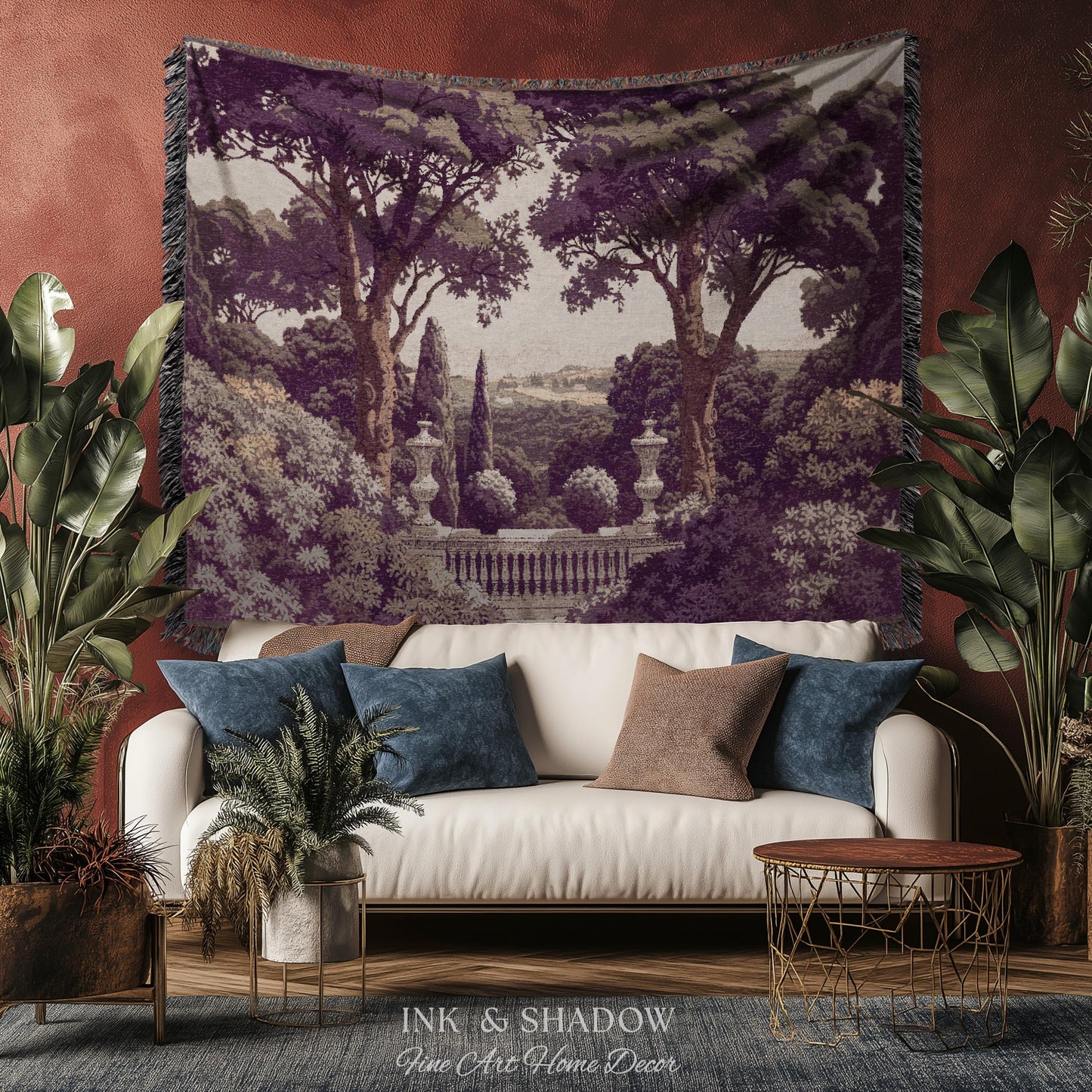 Mediterranean Villa Romantic Landscape Tapestry Throw | Pastoral Countryside Vintage Terrace Dark Romantic Jacquard Woven Classical Blanket