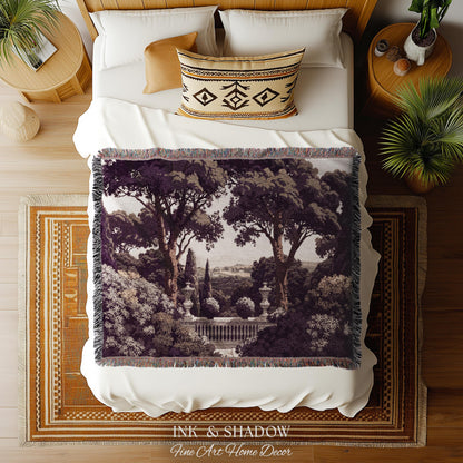 Mediterranean Villa Romantic Landscape Tapestry Throw | Pastoral Countryside Vintage Terrace Dark Romantic Jacquard Woven Classical Blanket